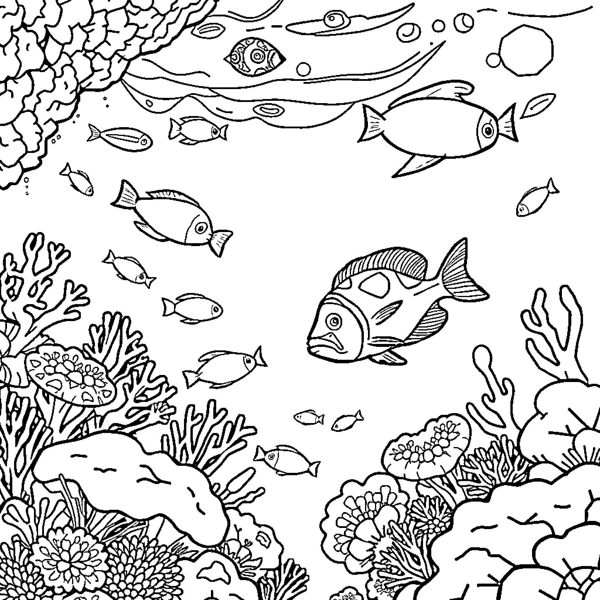Underwater marine life and coral reef scene Coloring Page (free black-and-white line drawing printable PDF for all, from beginners to advanced learners, including children, teens, adults, and seniors)