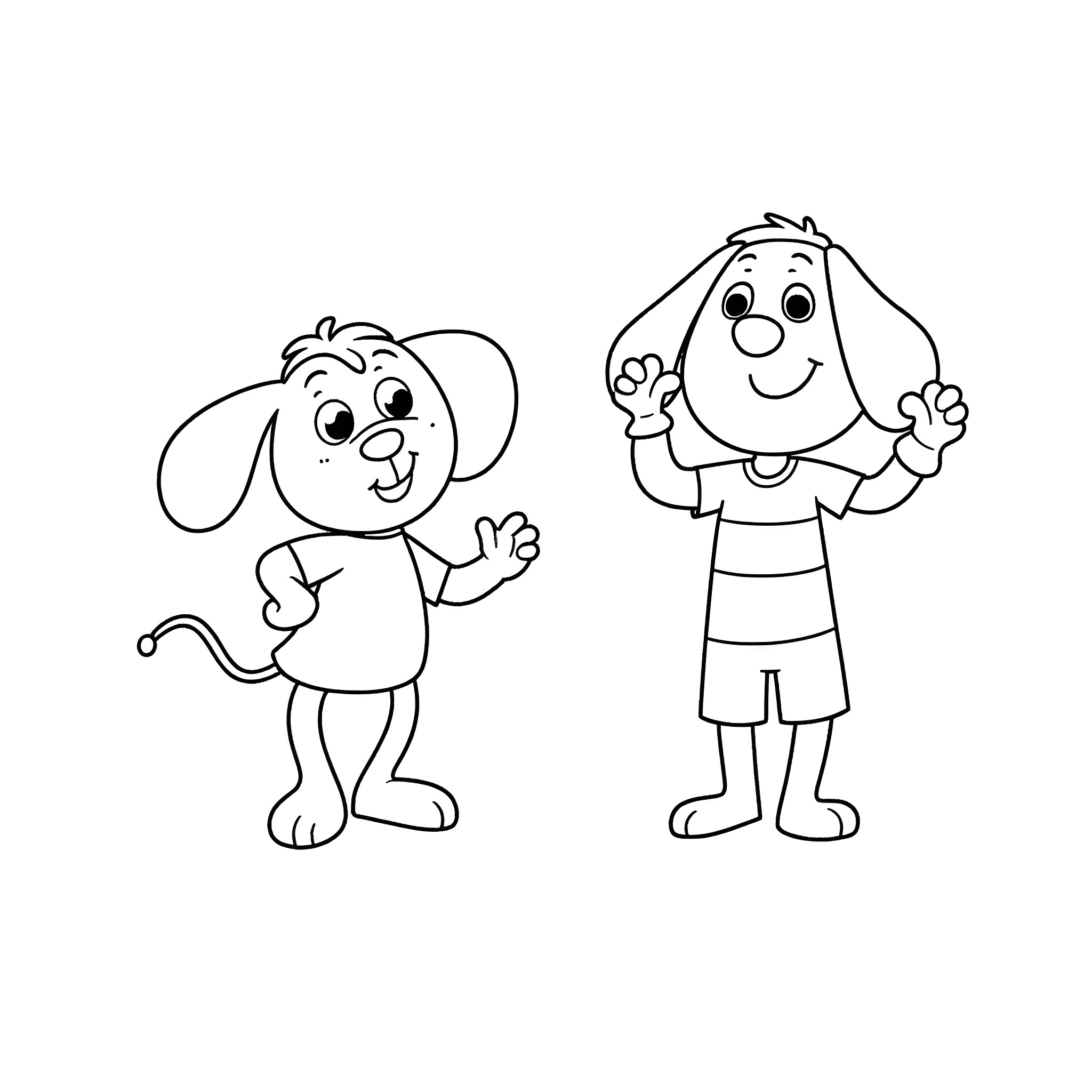 Blue Pups Playing and Waving Coloring Page (free black-and-white line drawing printable PDF for all, from beginners to advanced learners, including children, teens, adults, and seniors)