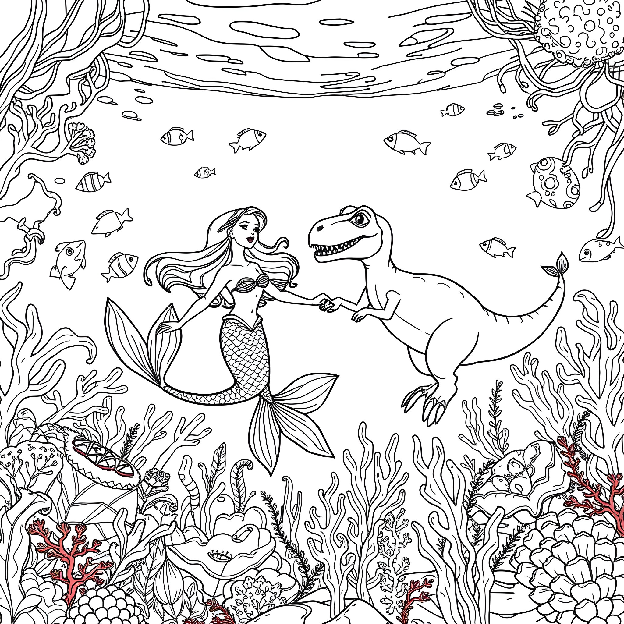Mermaid interacting with sea dinosaur in vibrant underwater scene Coloring Page (free black-and-white line drawing printable PDF for all, from beginners to advanced learners, including children, teens, adults, and seniors)