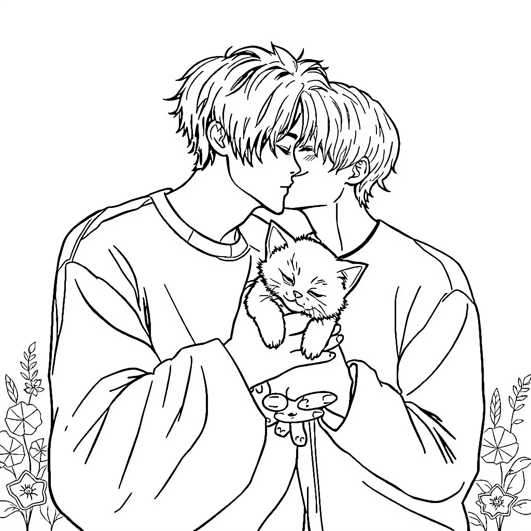 BTS: Young men holding a cat in an embrace Coloring Page (free black-and-white line drawing printable PDF for all, from beginners to advanced learners, including children, teens, adults, and seniors)