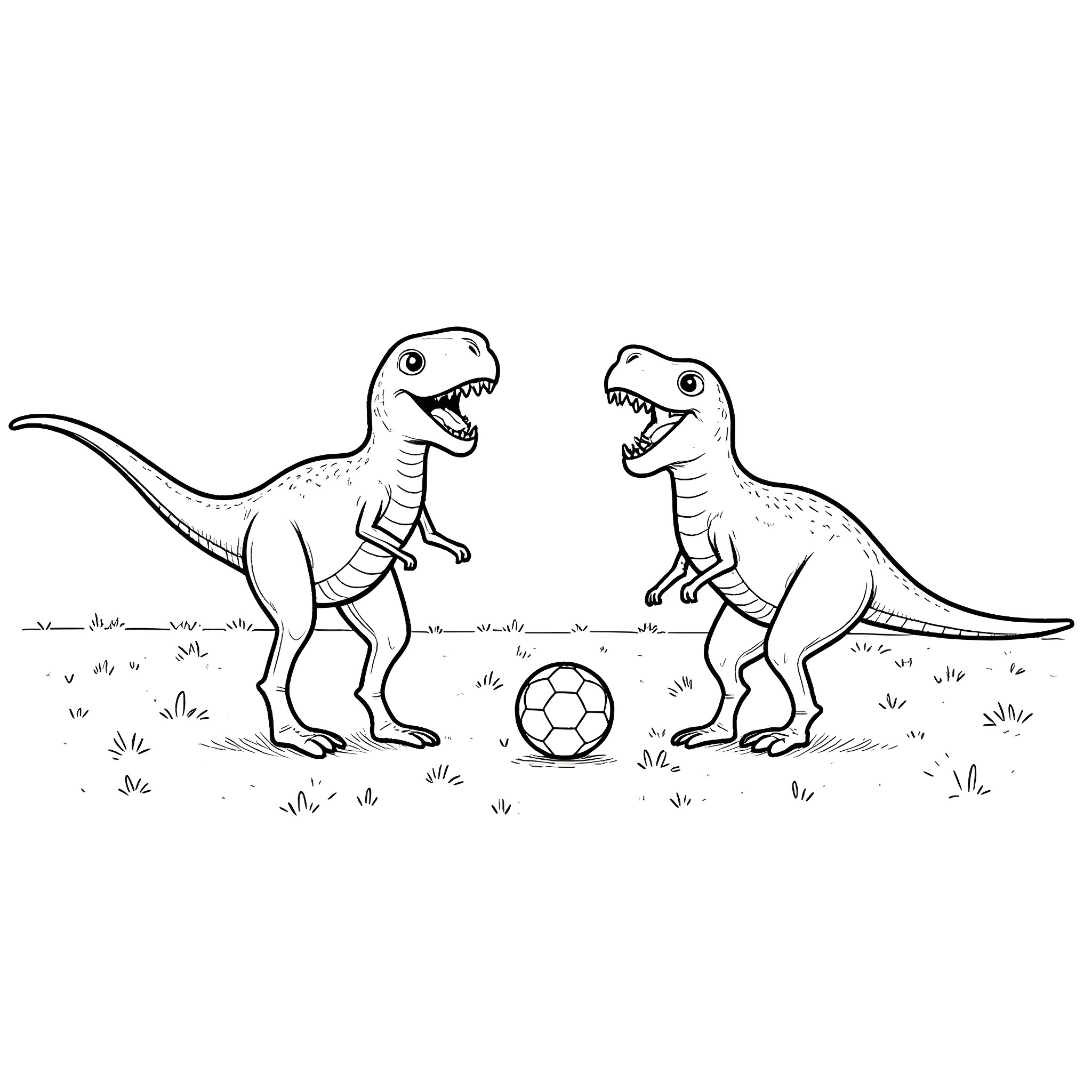 Dinosaurs playing soccer on grassy field Coloring Page (free black-and-white line drawing printable PDF for all, from beginners to advanced learners, including children, teens, adults, and seniors)