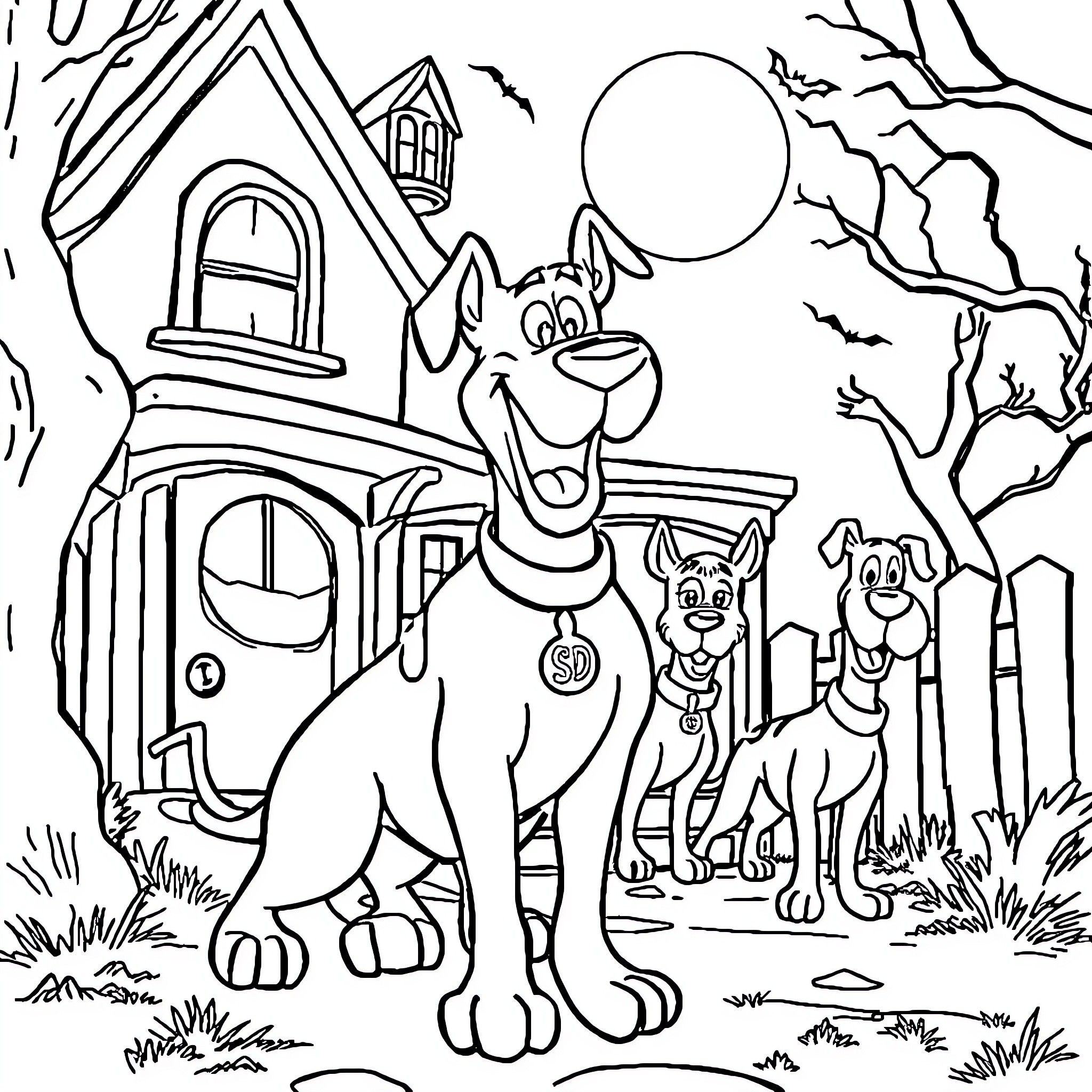 Scooby Doo and Friends on Spooky Halloween Night Coloring Page (free black-and-white line drawing printable PDF for all, from beginners to advanced learners, including children, teens, adults, and seniors)