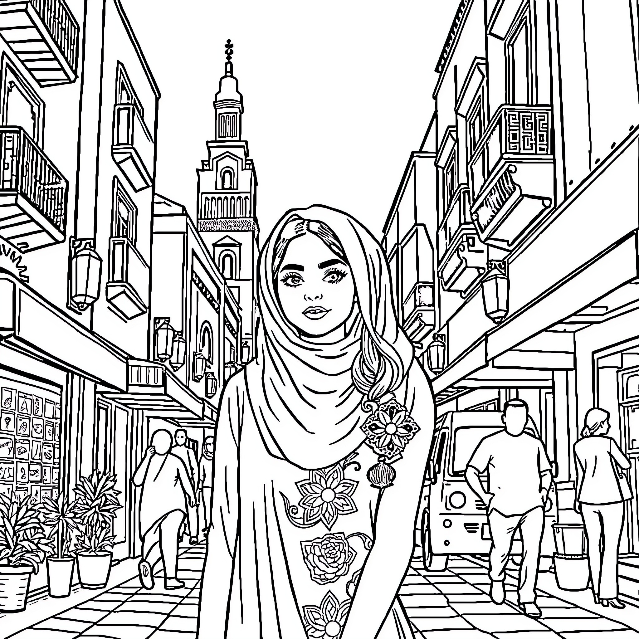 Girl walking through the bustling city streets Coloring Page (free black-and-white line drawing printable PDF for all, from beginners to advanced learners, including children, teens, adults, and seniors)