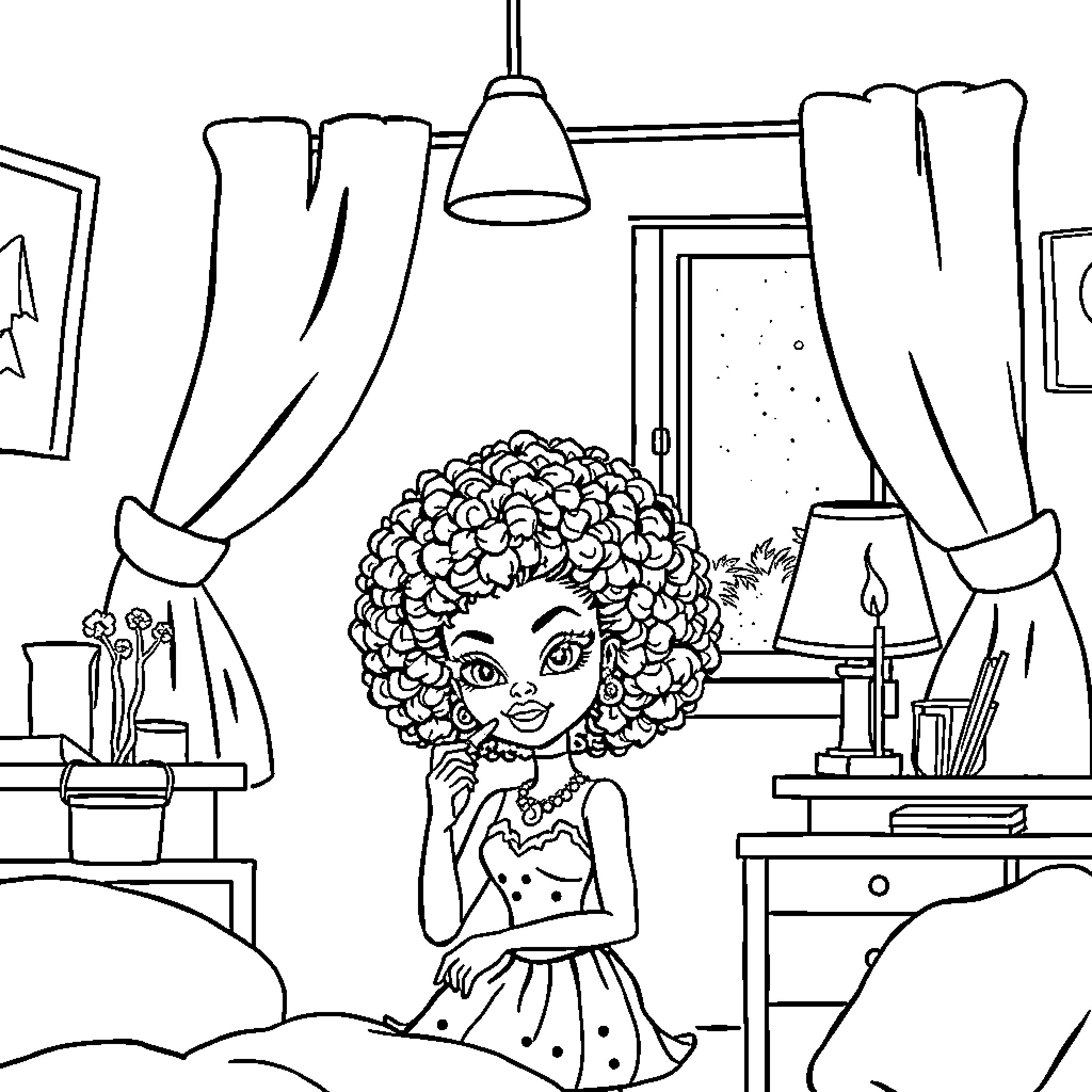 Bratz Doll seated in a cozy bedroom Coloring Page (free black-and-white line drawing printable PDF for all, from beginners to advanced learners, including children, teens, adults, and seniors)