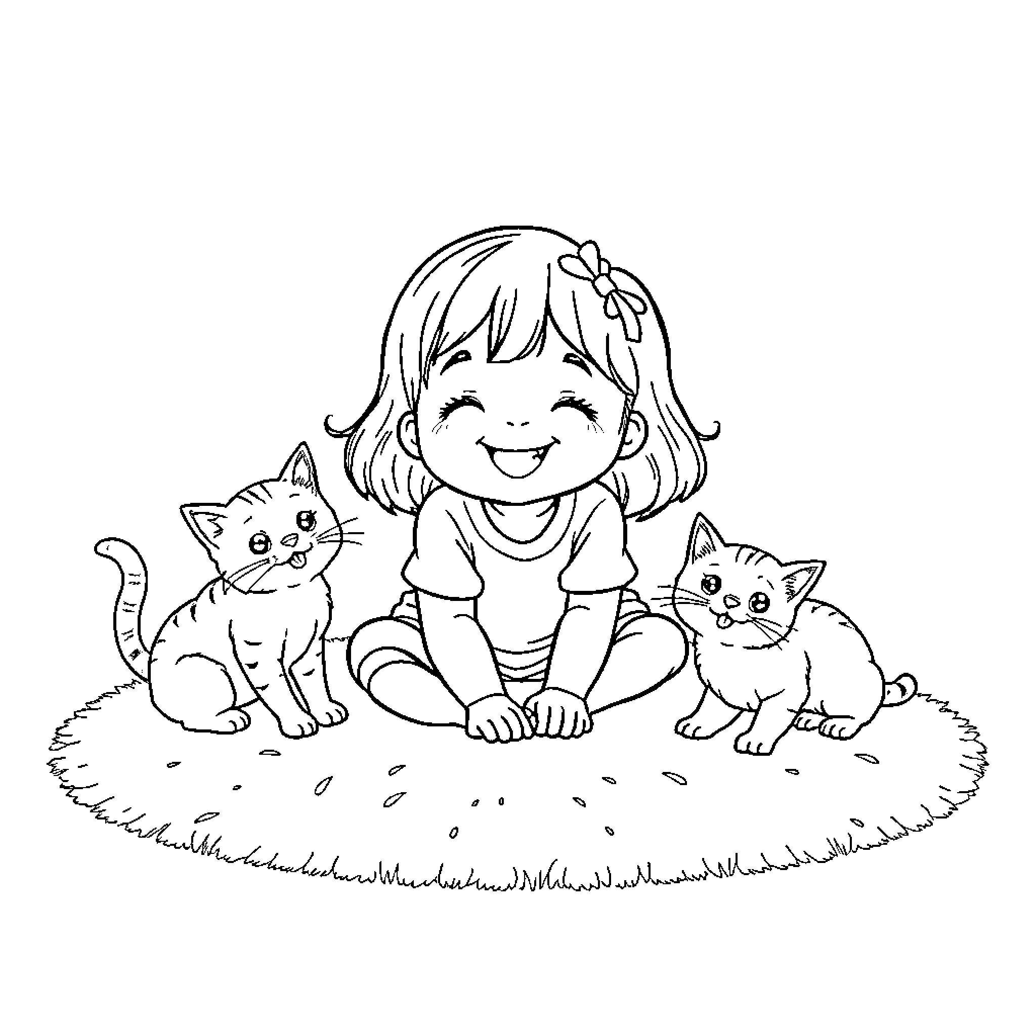 Girl playing with kittens in the garden Coloring Page (free black-and-white line drawing printable PDF for all, from beginners to advanced learners, including children, teens, adults, and seniors)