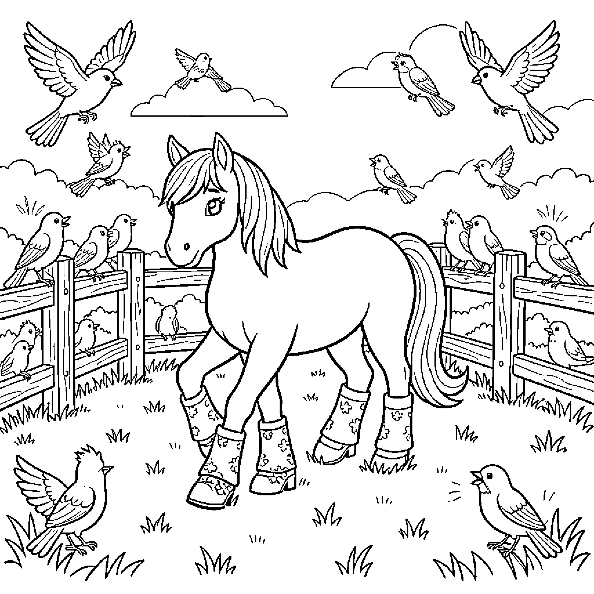 Pony surrounded by playful birds in pastoral scene Coloring Page (free black-and-white line drawing printable PDF for all, from beginners to advanced learners, including children, teens, adults, and seniors)