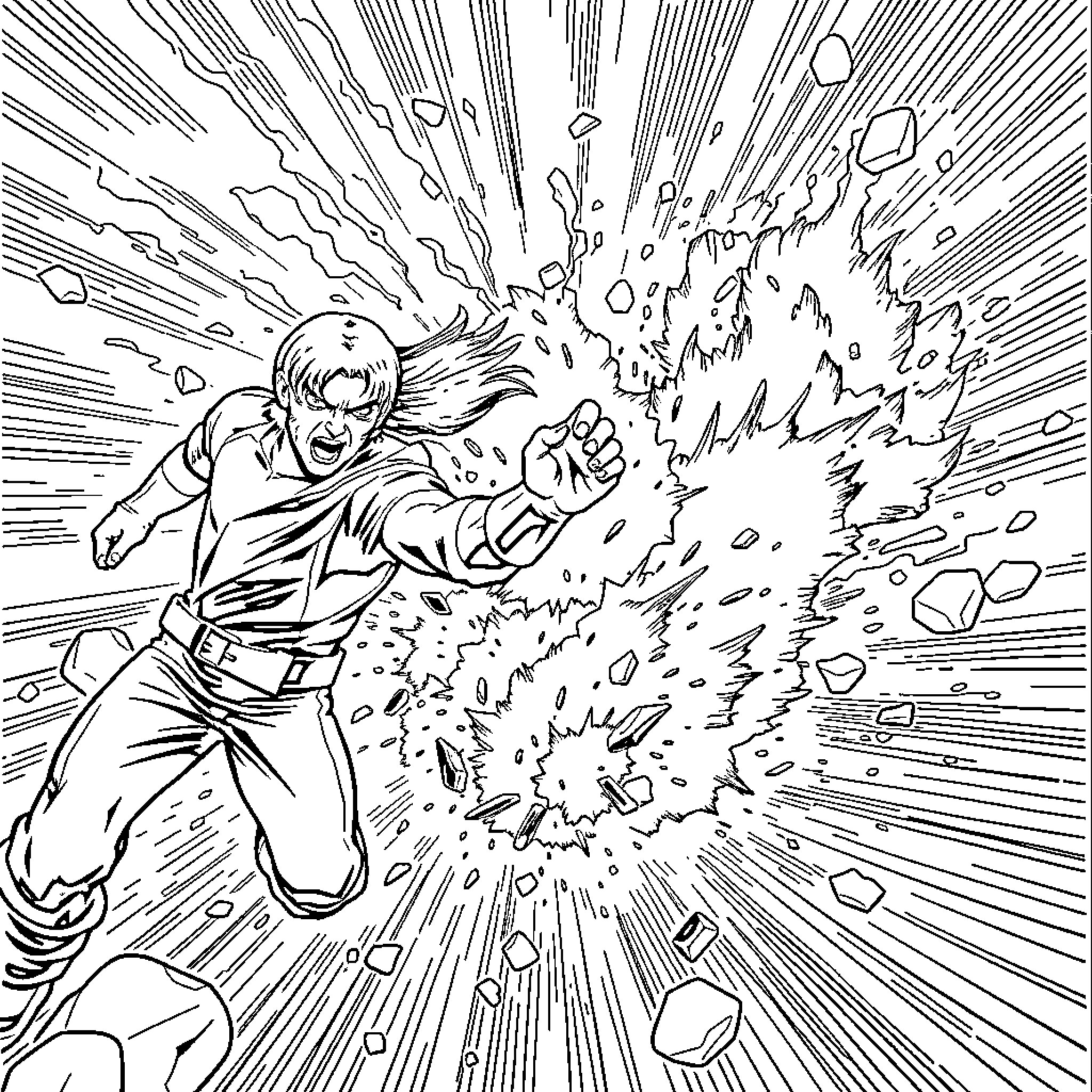 Action hero unleashes explosive power Coloring Page (free black-and-white line drawing printable PDF for all, from beginners to advanced learners, including children, teens, adults, and seniors)
