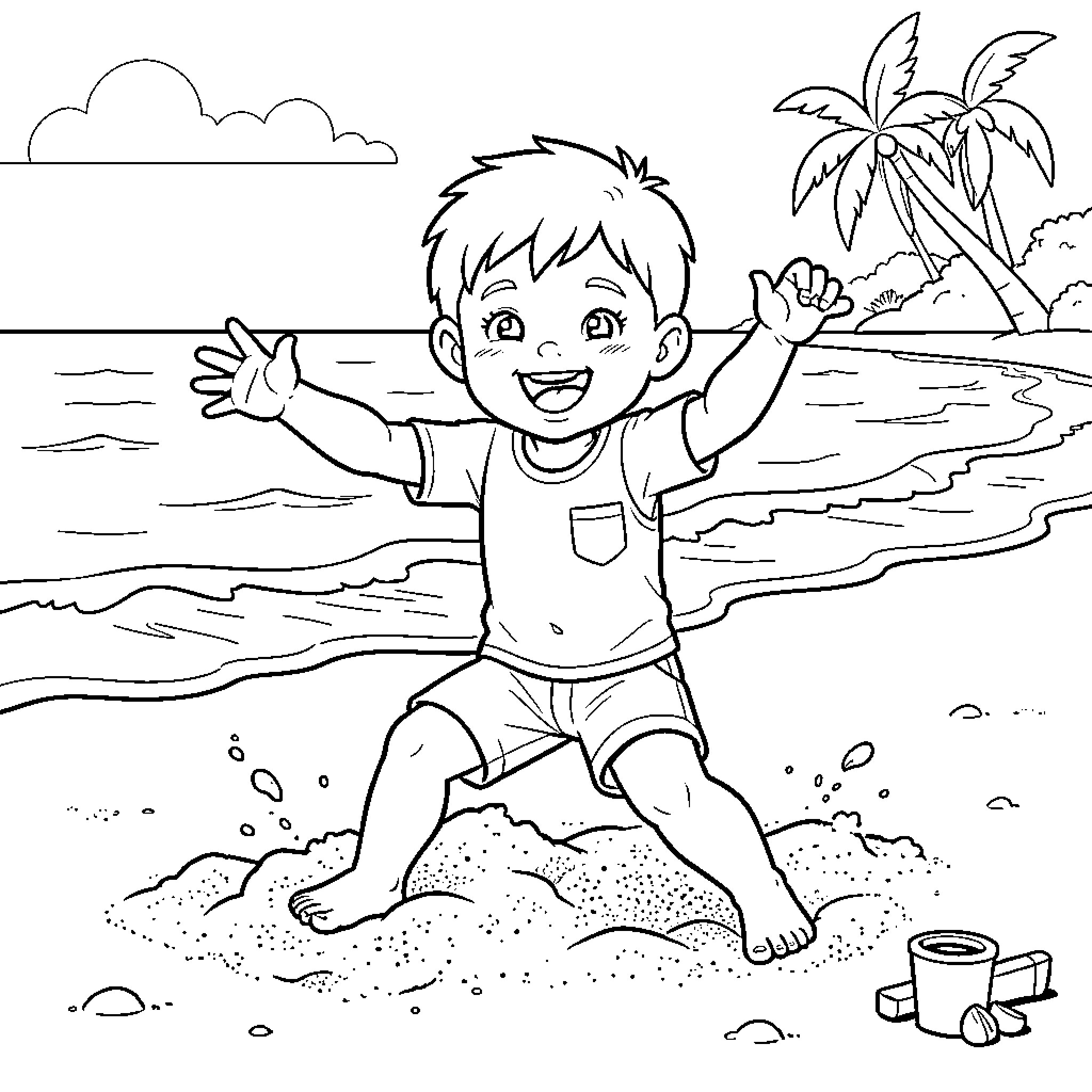 Child playing joyfully on the sandy beach Coloring Page (free black-and-white line drawing printable PDF for all, from beginners to advanced learners, including children, teens, adults, and seniors)
