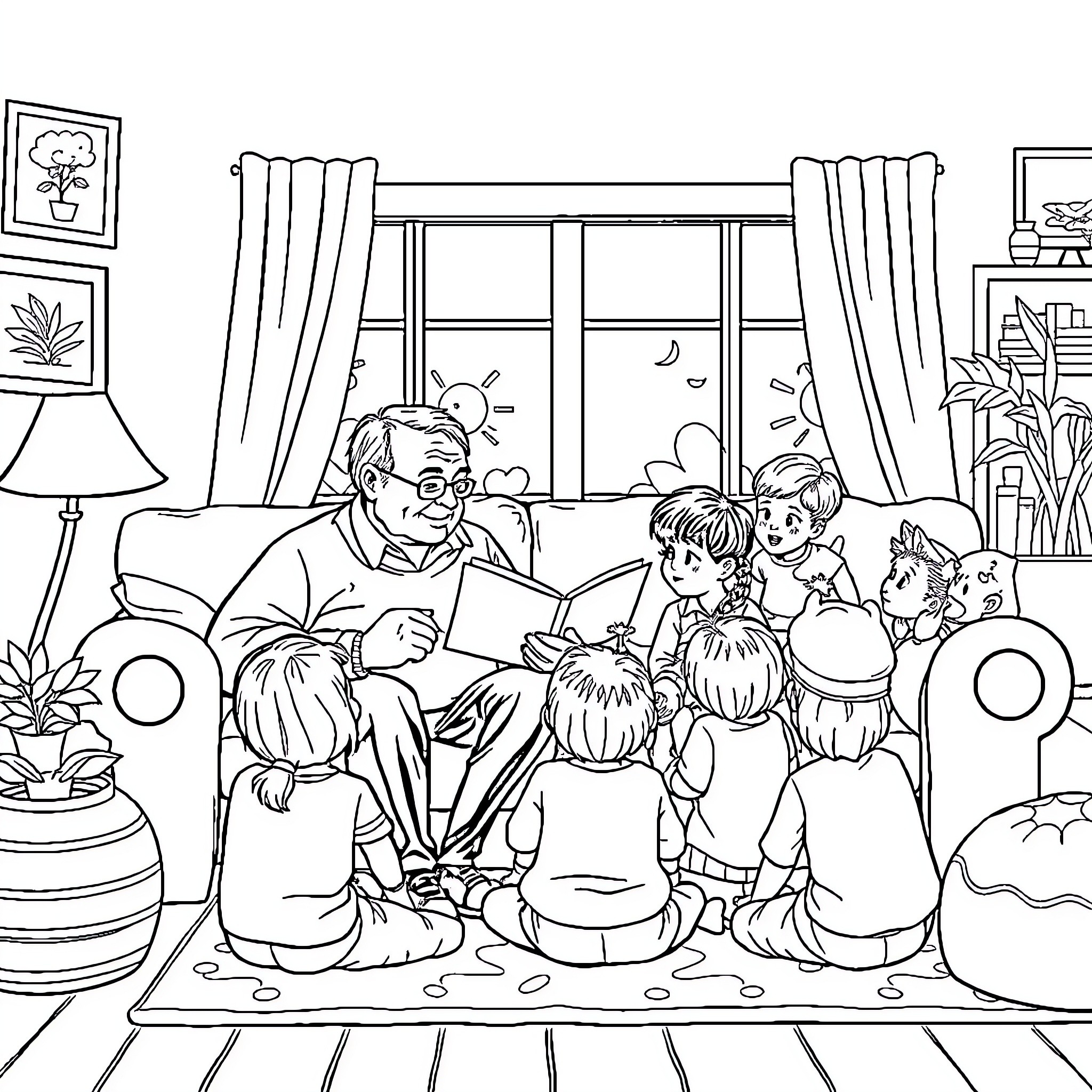 Grandparent reading storybook to grandchildren at home Coloring Page (free black-and-white line drawing printable PDF for all, from beginners to advanced learners, including children, teens, adults, and seniors)