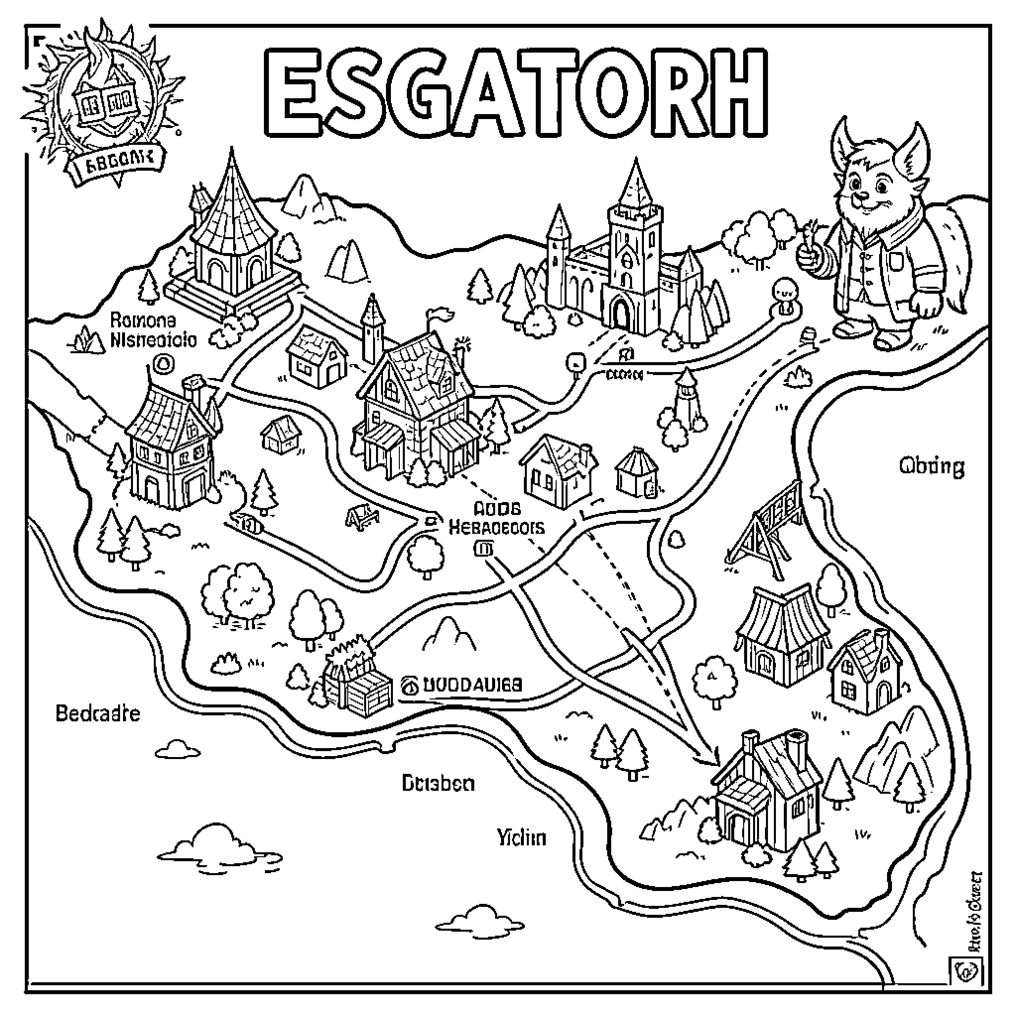 Map of the fantastical town of Esgatorth Coloring Page (free black-and-white line drawing printable PDF for all, from beginners to advanced learners, including children, teens, adults, and seniors)