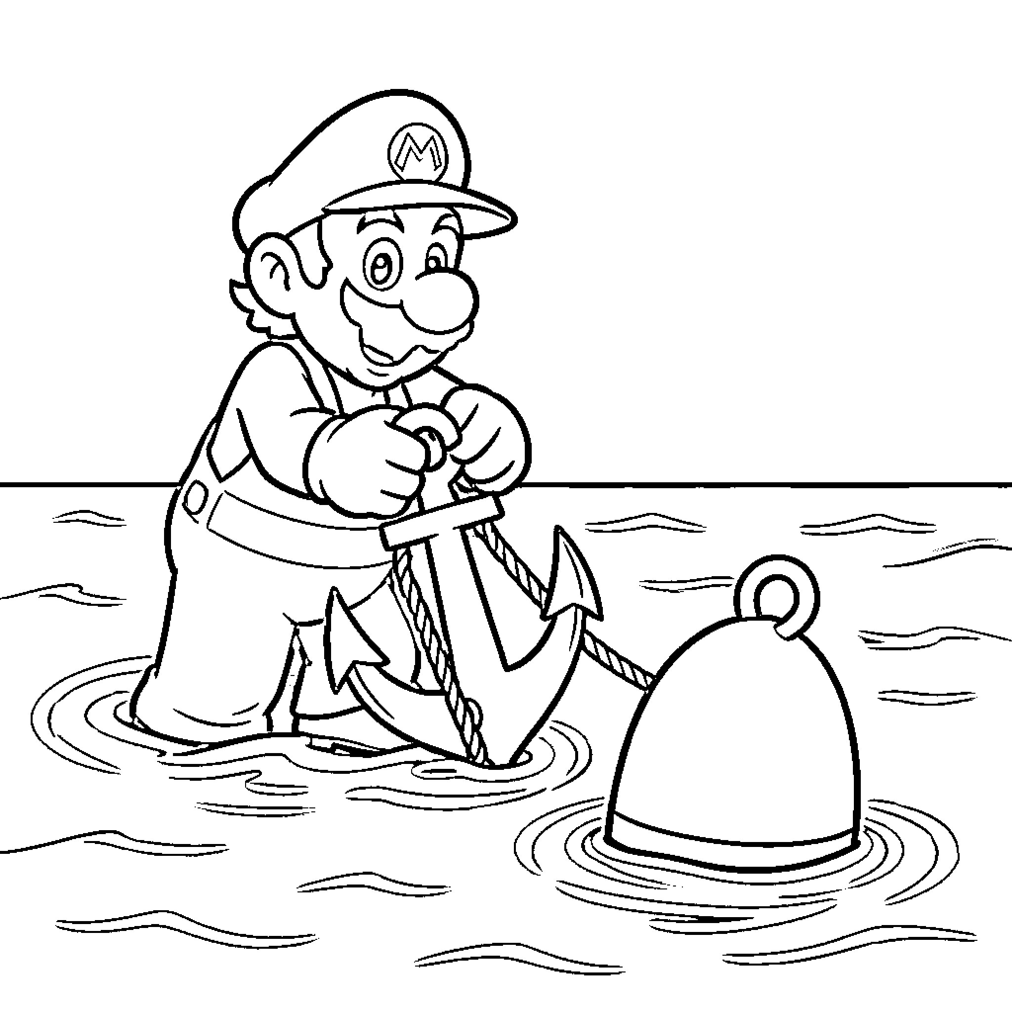 Mario fishing happily in the water Coloring Page (free black-and-white line drawing printable PDF for all, from beginners to advanced learners, including children, teens, adults, and seniors)