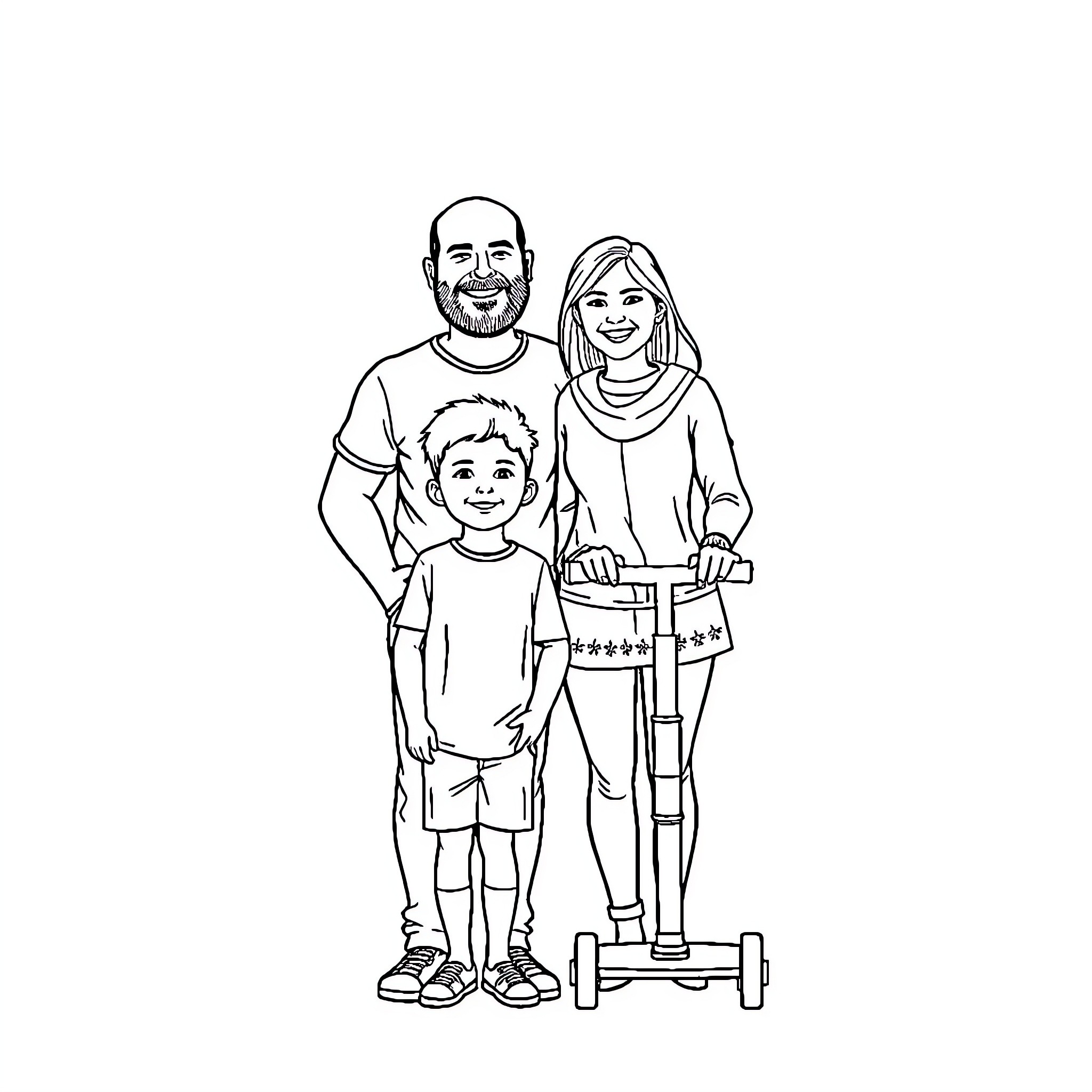 Family Enjoying Time Together Outdoors Coloring Page (free black-and-white line drawing printable PDF for all, from beginners to advanced learners, including children, teens, adults, and seniors)
