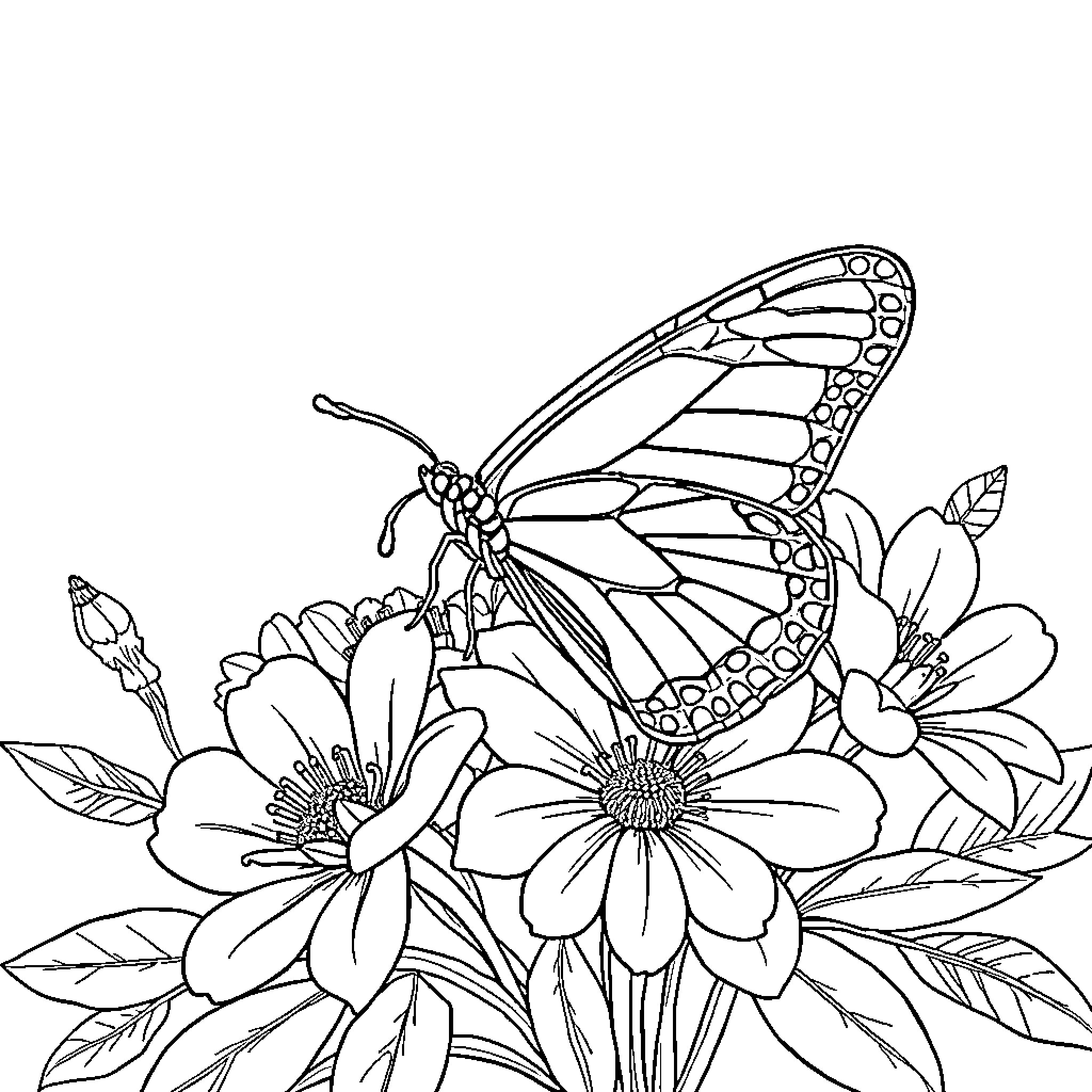 Butterfly amidst the floral blooms Coloring Page (free black-and-white line drawing printable PDF for all, from beginners to advanced learners, including children, teens, adults, and seniors)