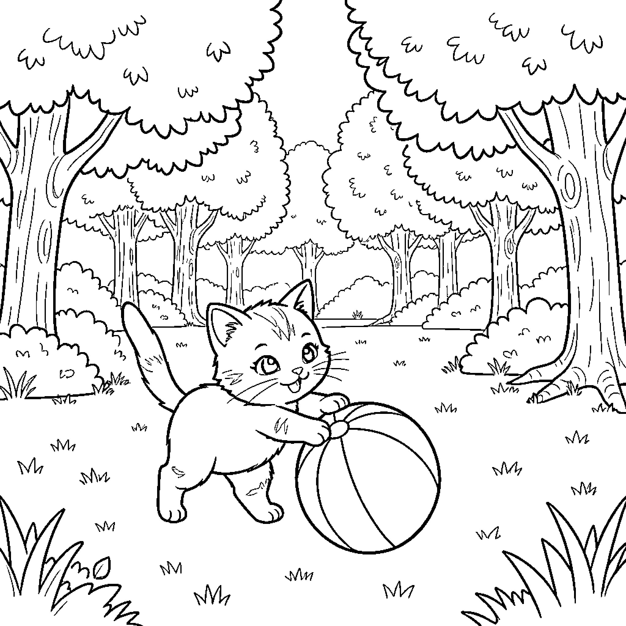 Kitten playing with a ball in the forest Coloring Page (free black-and-white line drawing printable PDF for all, from beginners to advanced learners, including children, teens, adults, and seniors)