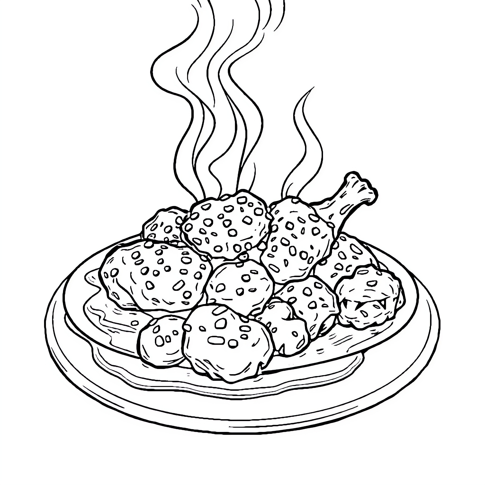 Chicken dish with steaming hot buns Coloring Page (free black-and-white line drawing printable PDF for all, from beginners to advanced learners, including children, teens, adults, and seniors)