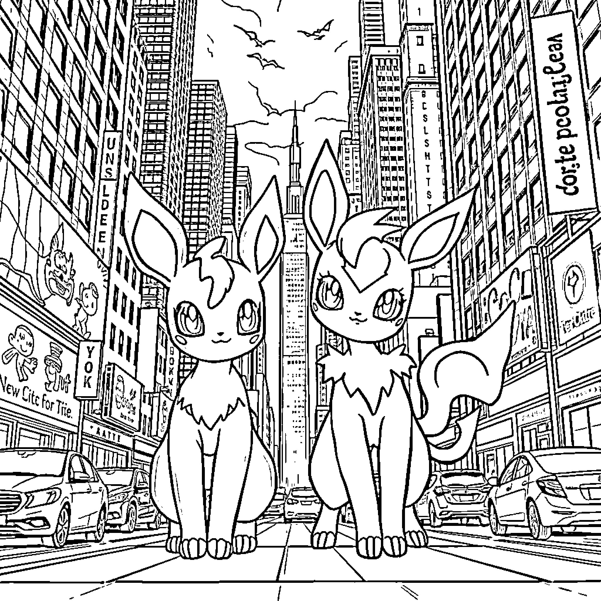 Espeon and Vaporeon explore the city Coloring Page (free black-and-white line drawing printable PDF for all, from beginners to advanced learners, including children, teens, adults, and seniors)