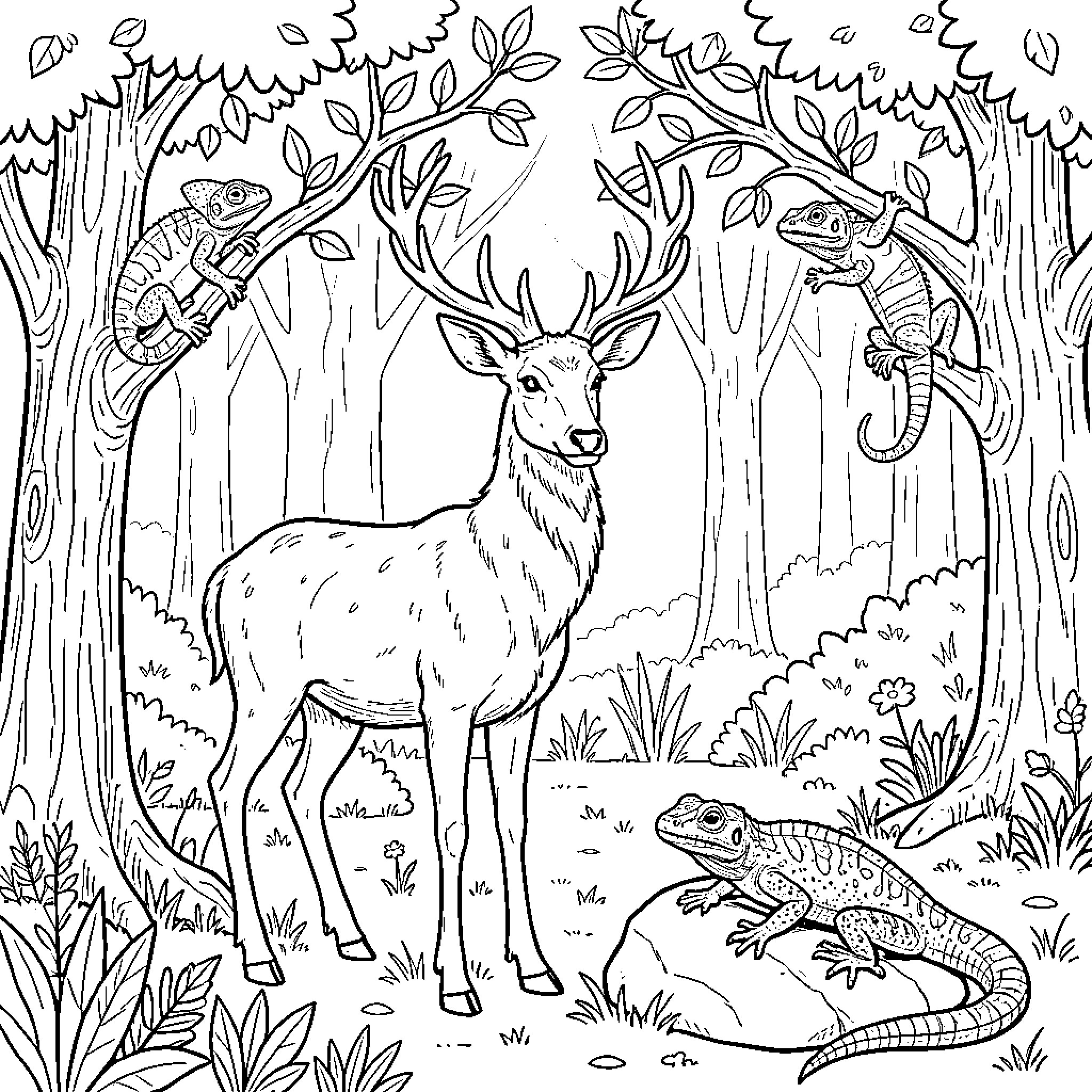 Deer standing calmly among lizards in a forest Coloring Page (free black-and-white line drawing printable PDF for all, from beginners to advanced learners, including children, teens, adults, and seniors)