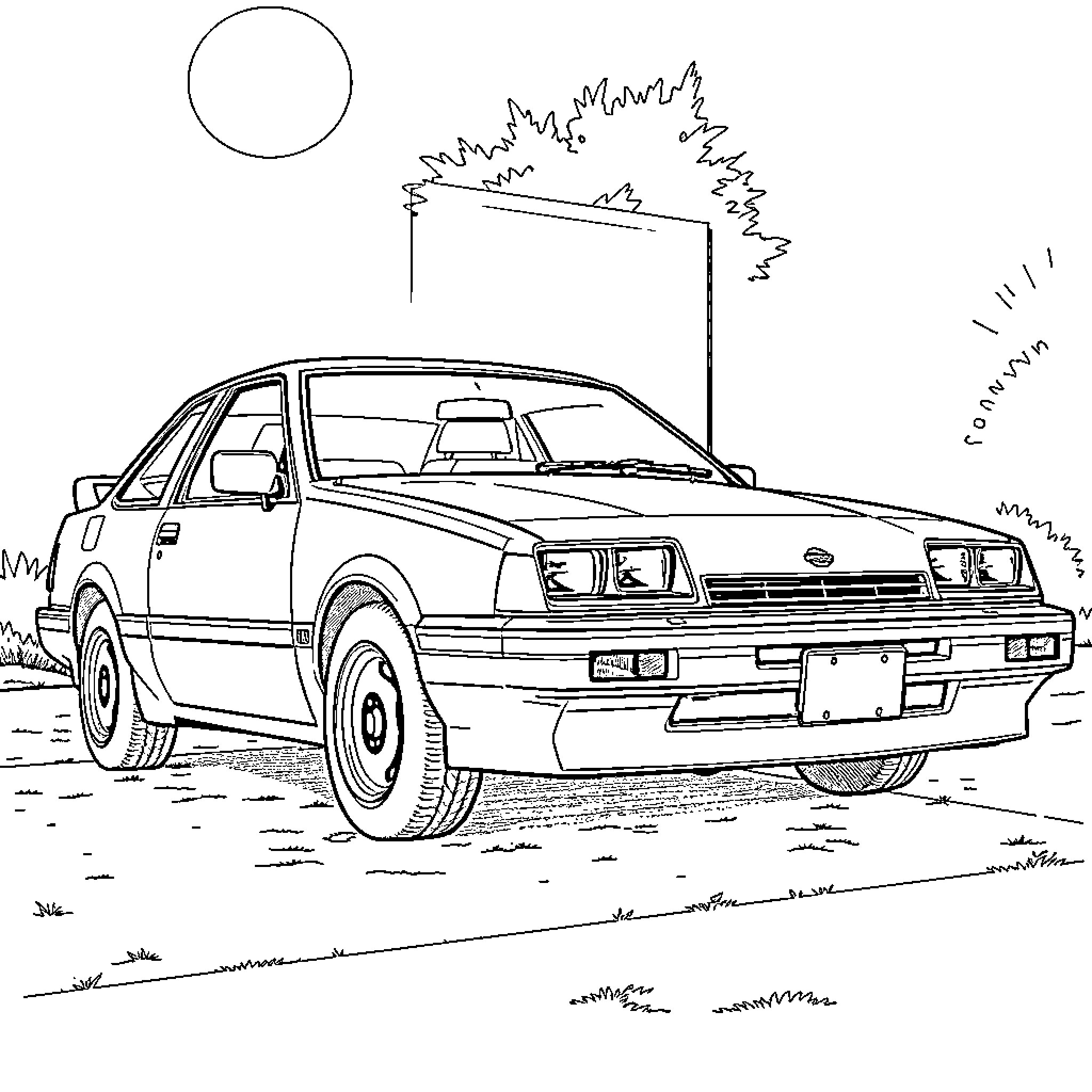 Nissan Pulsar parked in field with cloudy sky Coloring Page (free black-and-white line drawing printable PDF for all, from beginners to advanced learners, including children, teens, adults, and seniors)