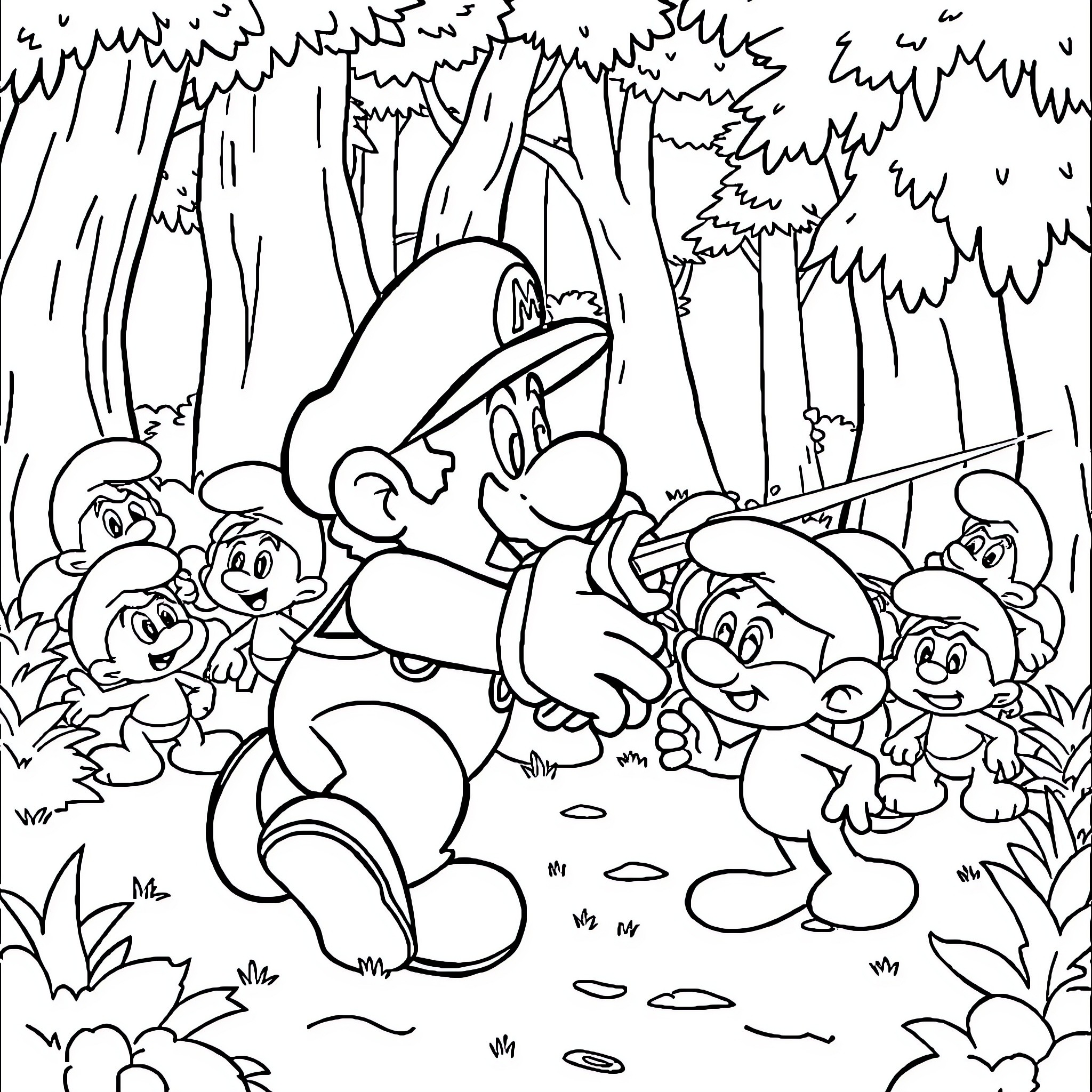 Mario and Friends Explore the Enchanted Forest Coloring Page (free black-and-white line drawing printable PDF for all, from beginners to advanced learners, including children, teens, adults, and seniors)