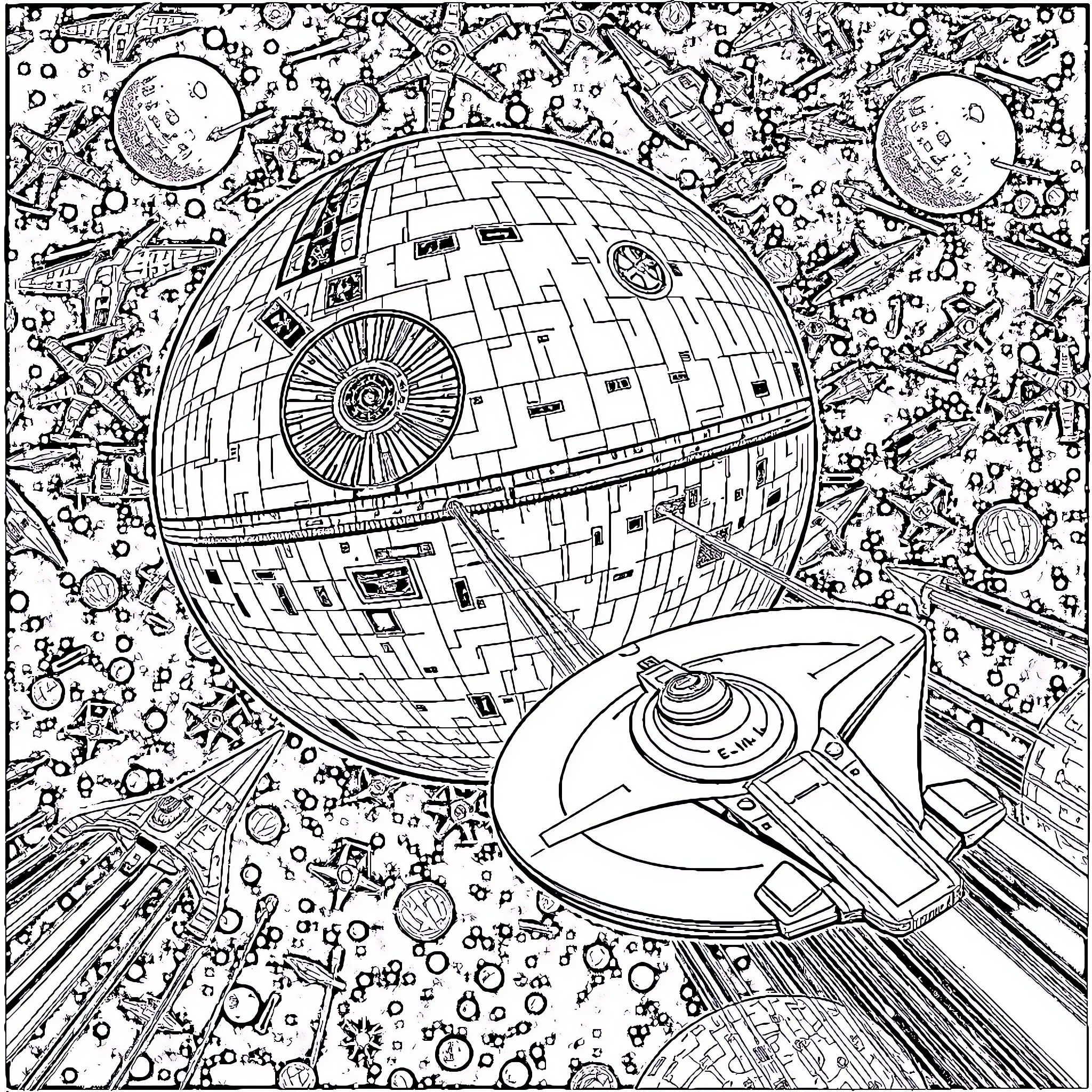 Starship Exploration Through the Cosmos Coloring Page (free black-and-white line drawing printable PDF for all, from beginners to advanced learners, including children, teens, adults, and seniors)