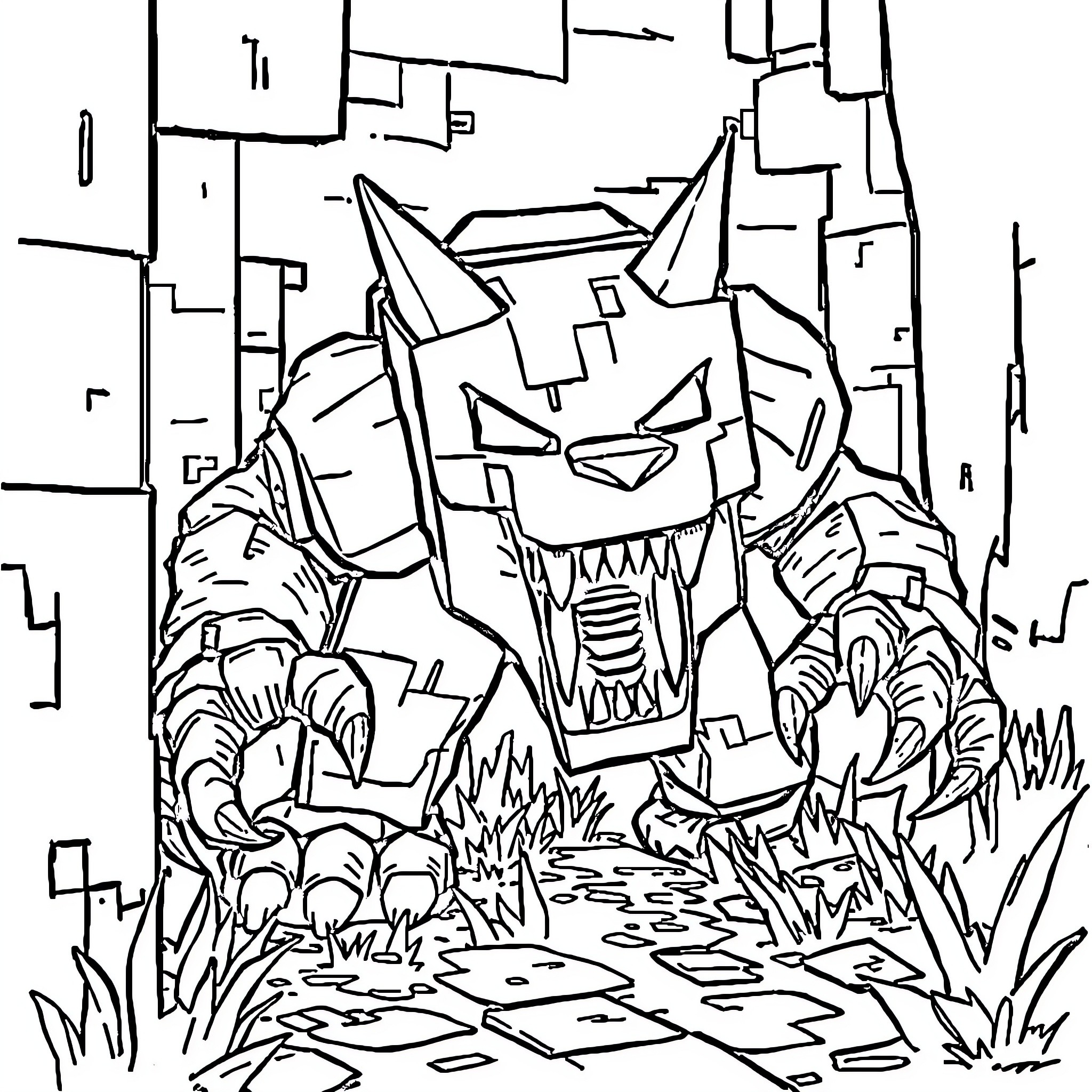 Minecraft Predator Stalks Through Dangerous Terrain Coloring Page (free black-and-white line drawing printable PDF for all, from beginners to advanced learners, including children, teens, adults, and seniors)