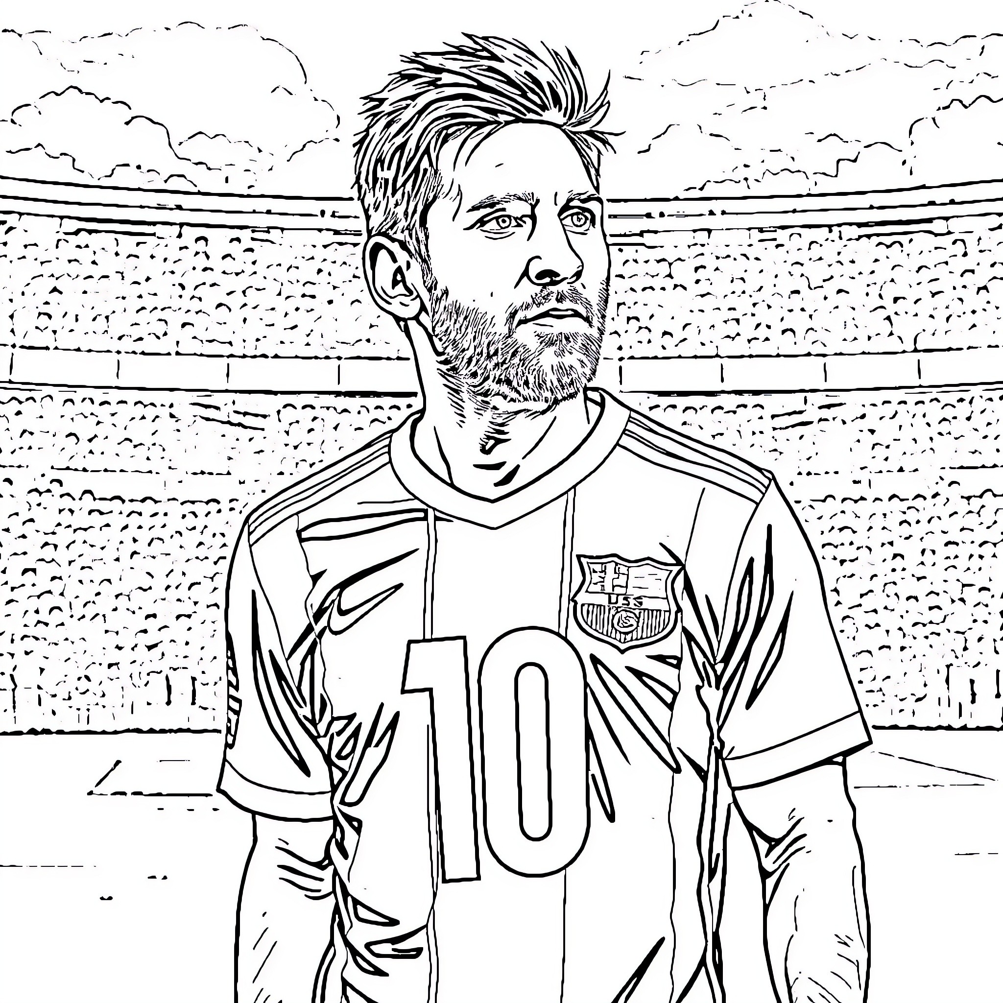 Messi on the soccer field in uniform Coloring Page (free black-and-white line drawing printable PDF for all, from beginners to advanced learners, including children, teens, adults, and seniors)