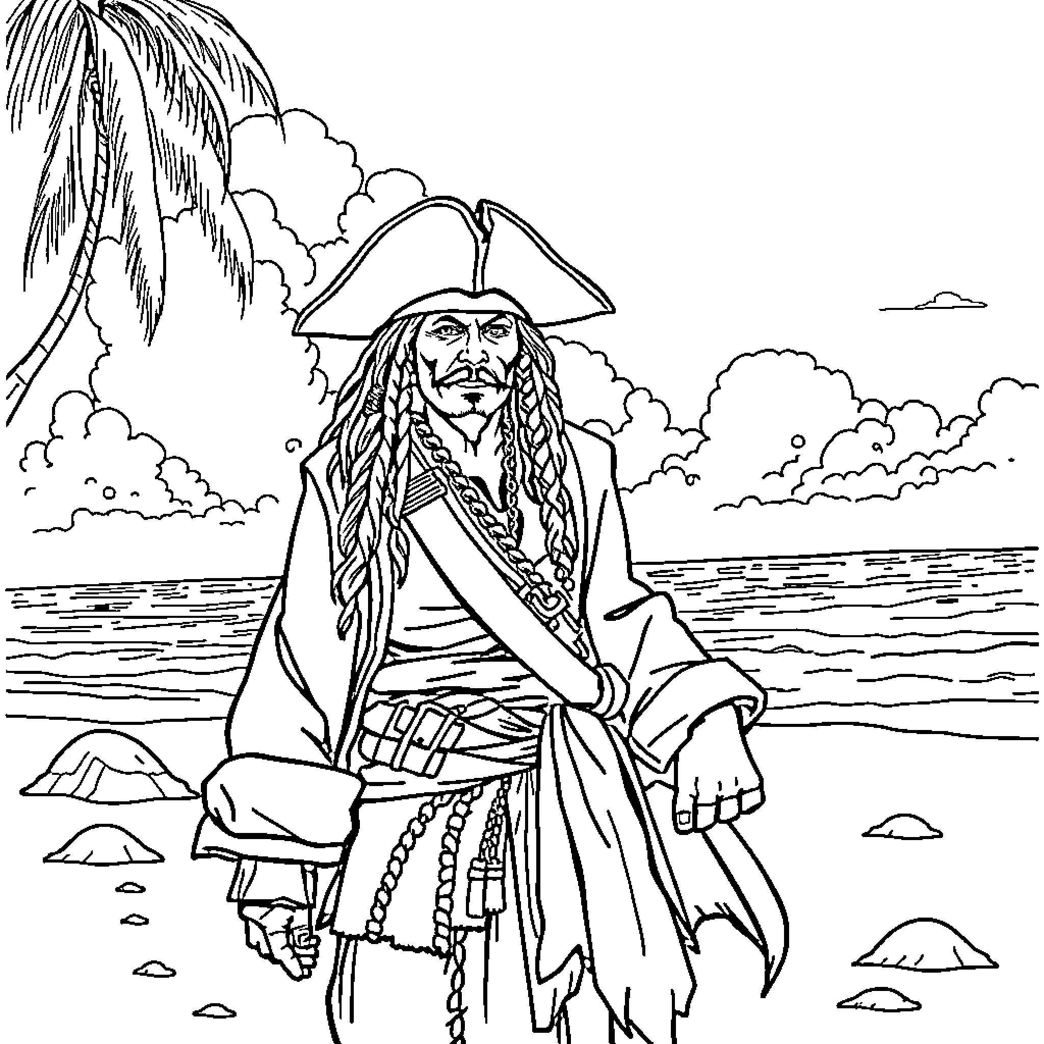 Jack Sparrow brooding on a tropical beach Coloring Page (free black-and-white line drawing printable PDF for all, from beginners to advanced learners, including children, teens, adults, and seniors)