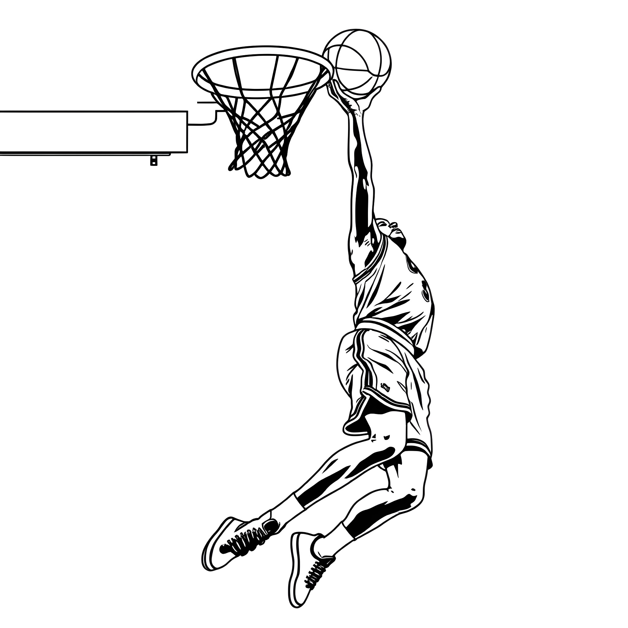 Michael Jordan soaring for a slam dunk Coloring Page (free black-and-white line drawing printable PDF for all, from beginners to advanced learners, including children, teens, adults, and seniors)