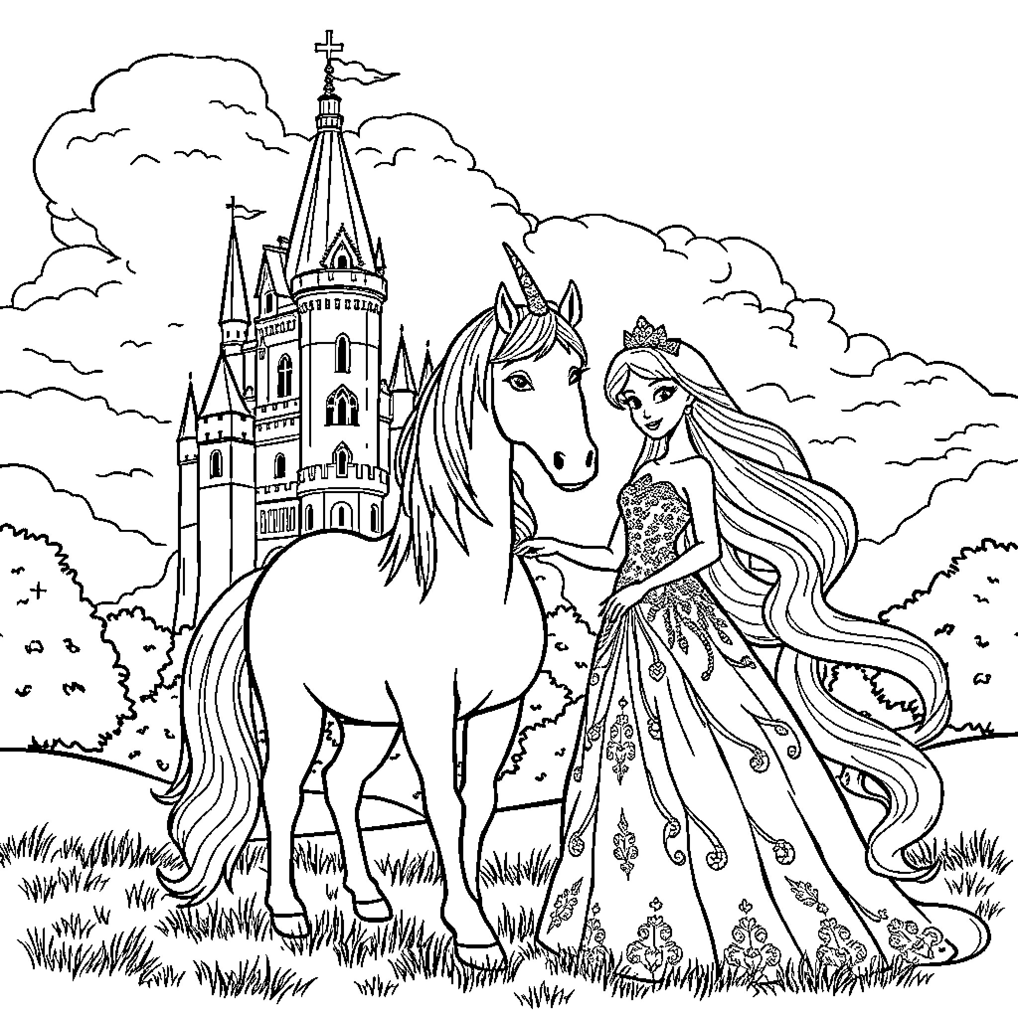 Princess and her Magnificent Horse at the Castle Coloring Page (free black-and-white line drawing printable PDF for all, from beginners to advanced learners, including children, teens, adults, and seniors)