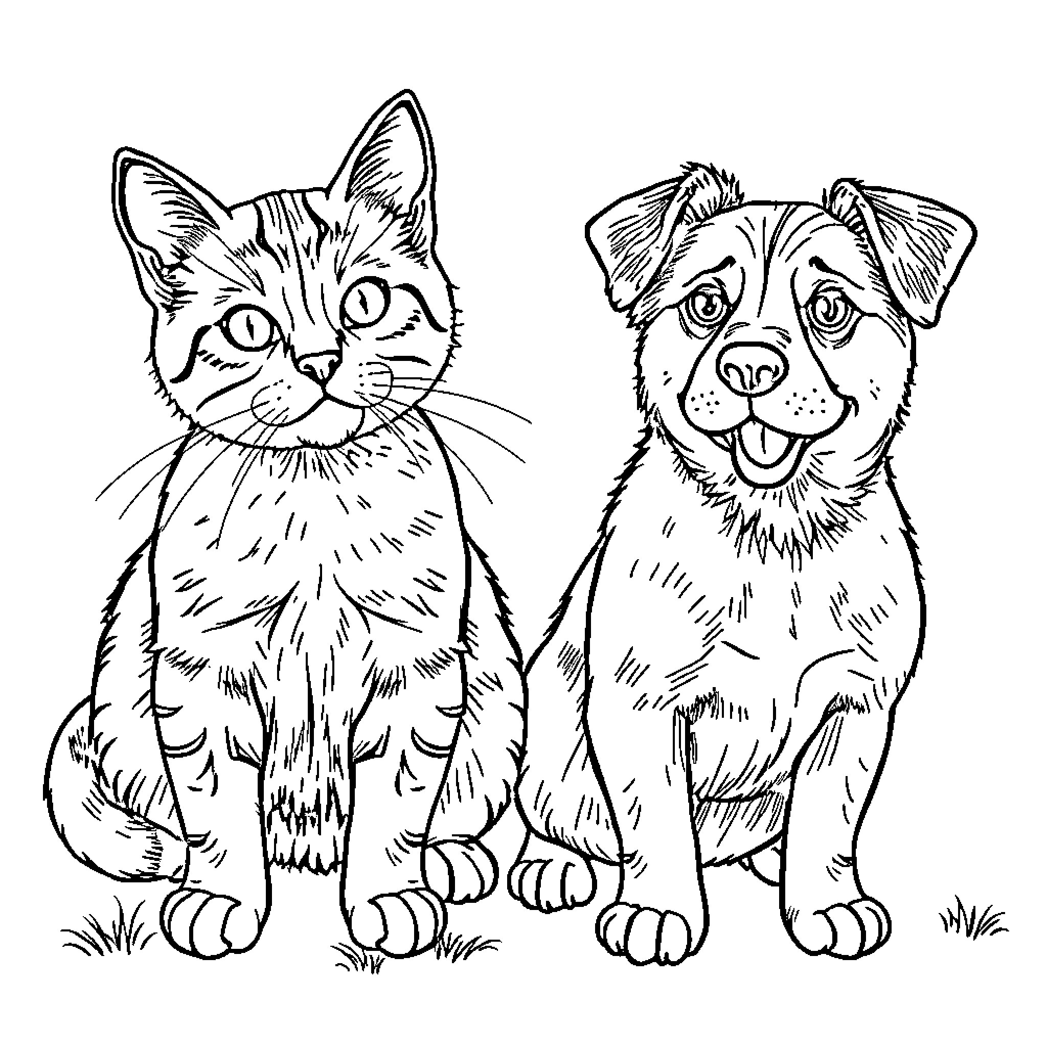 Cat and Dog Playing Happily Together Coloring Page (free black-and-white line drawing printable PDF for all, from beginners to advanced learners, including children, teens, adults, and seniors)