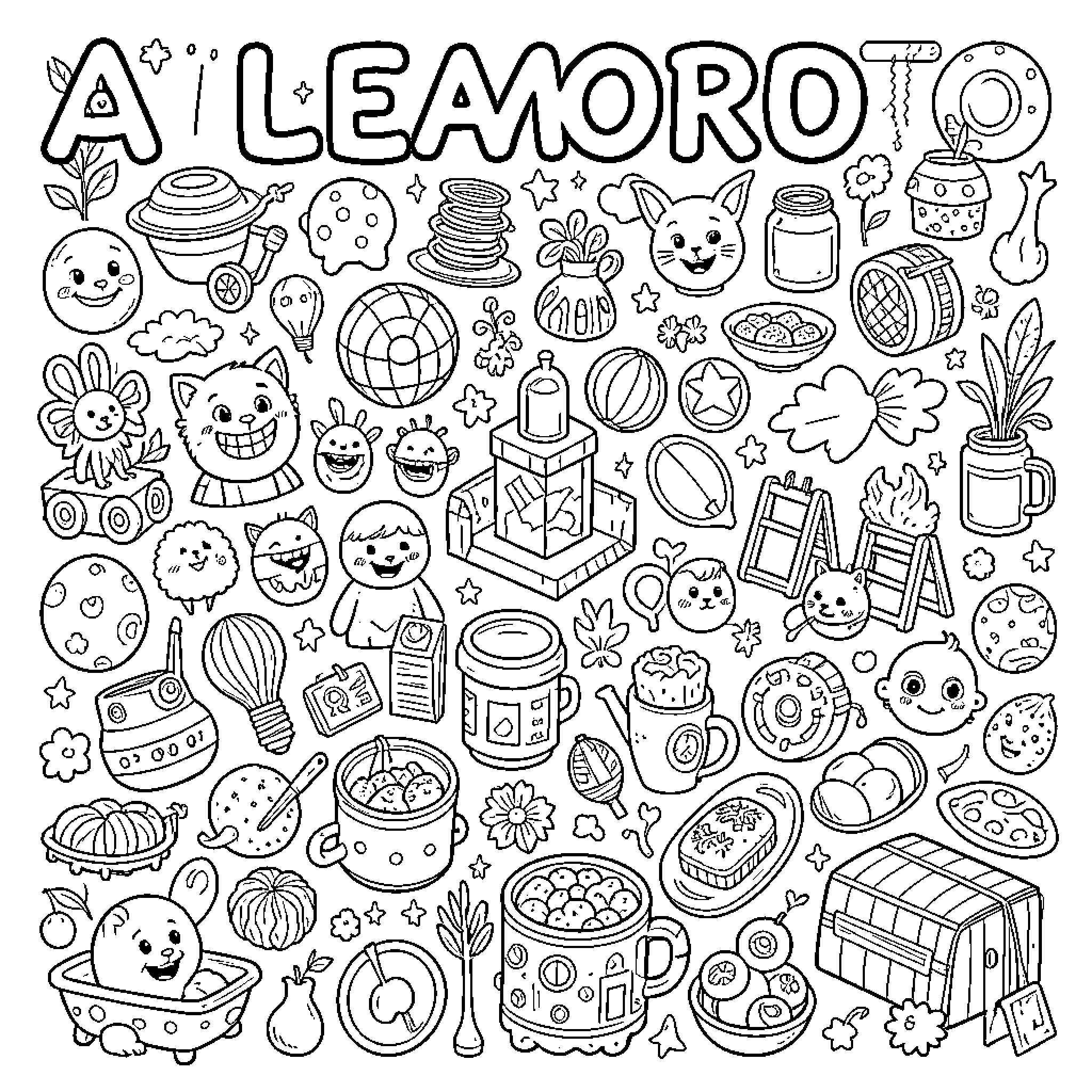 Random cute cartoon characters and objects Coloring Page (free black-and-white line drawing printable PDF for all, from beginners to advanced learners, including children, teens, adults, and seniors)