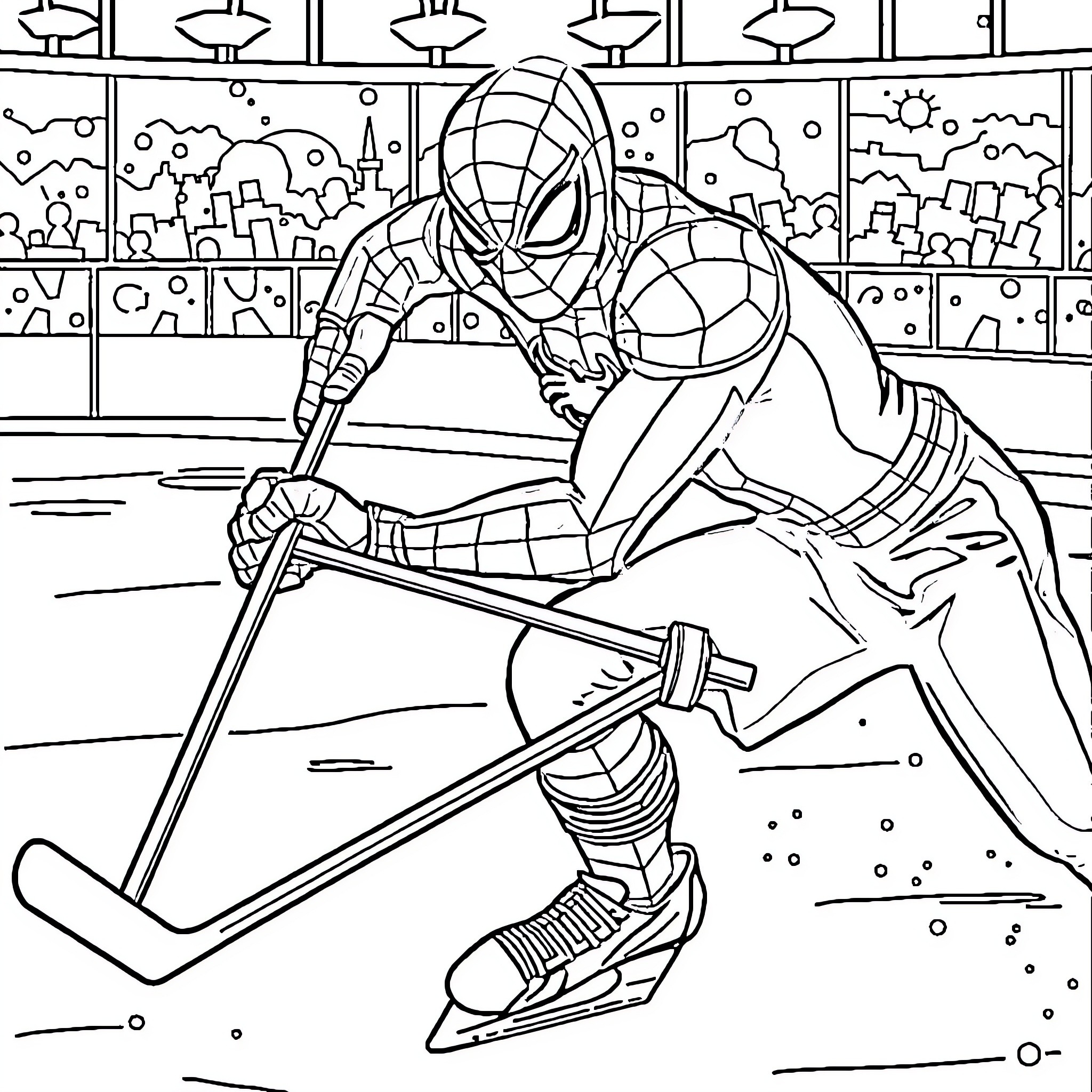 Spiderman Skating Gracefully on Ice in the City Coloring Page (free black-and-white line drawing printable PDF for all, from beginners to advanced learners, including children, teens, adults, and seniors)