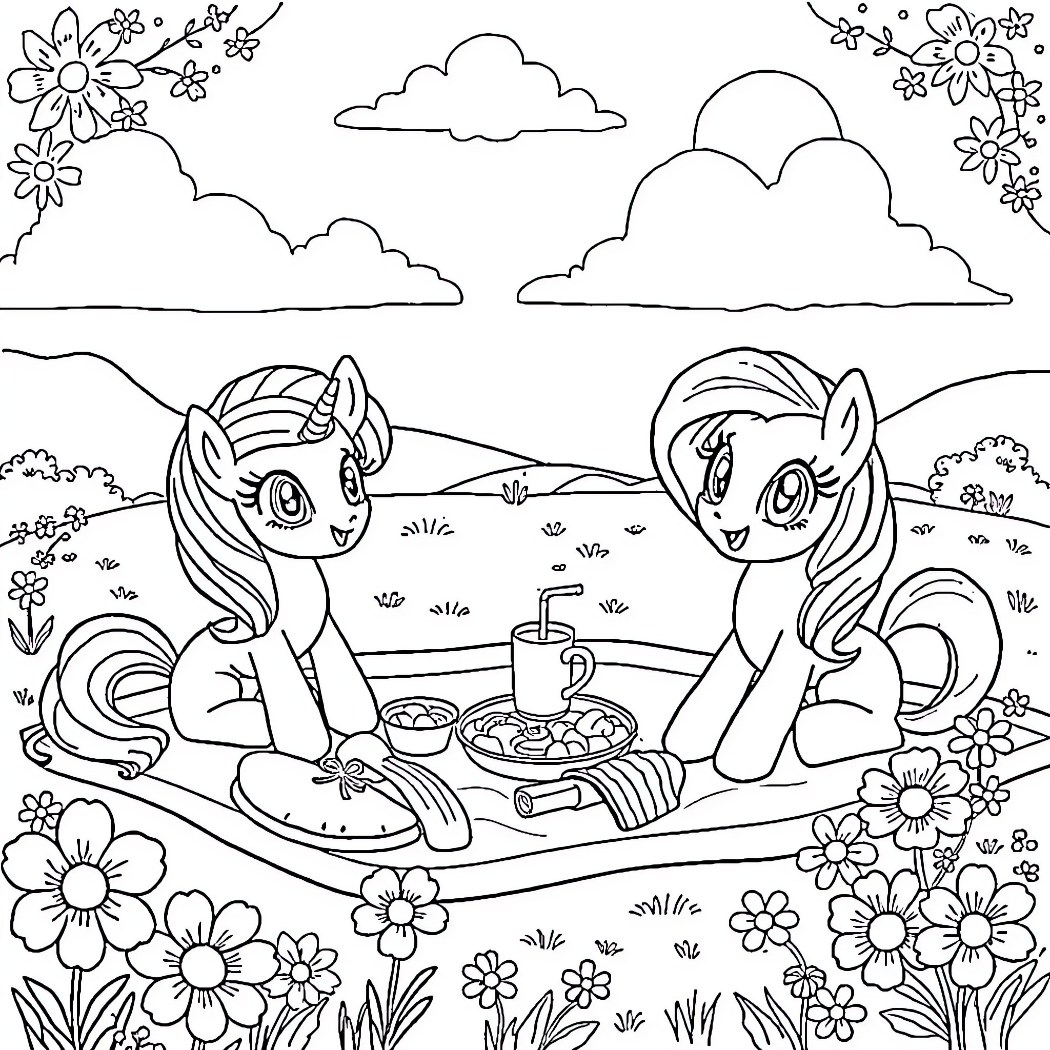 Pony Friends Enjoying Picnic in the Meadow Coloring Page (free black-and-white line drawing printable PDF for all, from beginners to advanced learners, including children, teens, adults, and seniors)