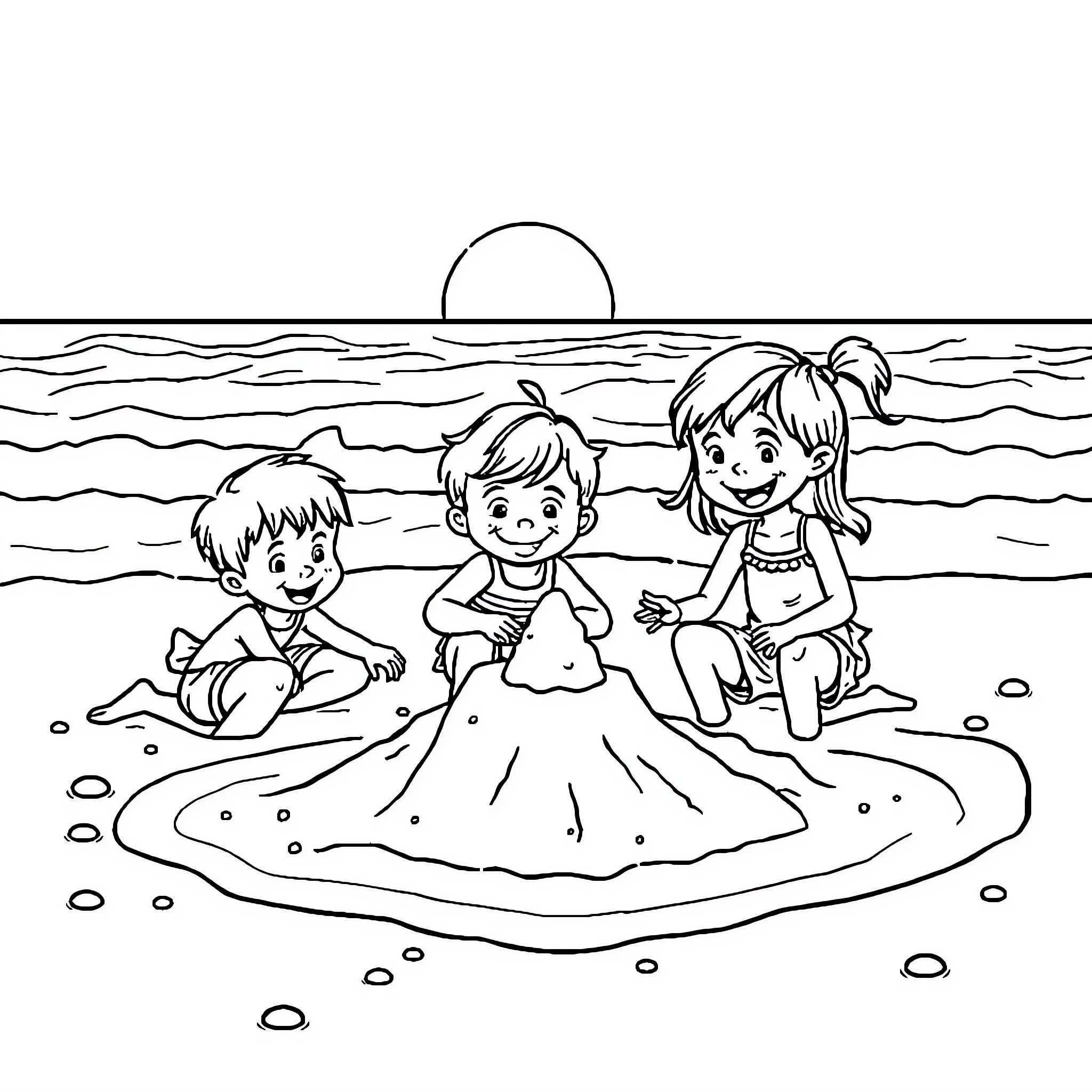 Kid playing happily on the beach with friends Coloring Page (free black-and-white line drawing printable PDF for all, from beginners to advanced learners, including children, teens, adults, and seniors)