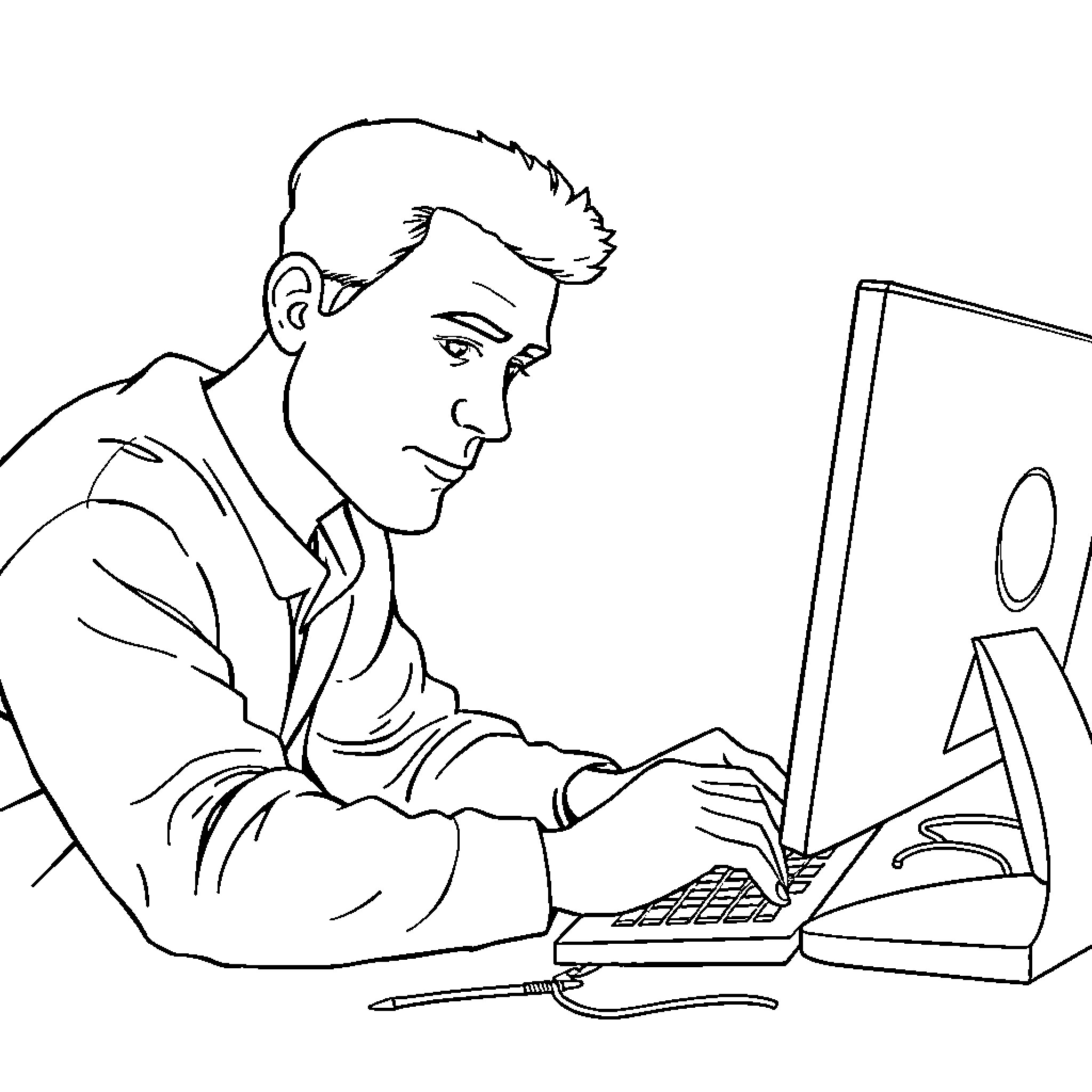 Computer User Typing on Laptop Intently Coloring Page (free black-and-white line drawing printable PDF for all, from beginners to advanced learners, including children, teens, adults, and seniors)