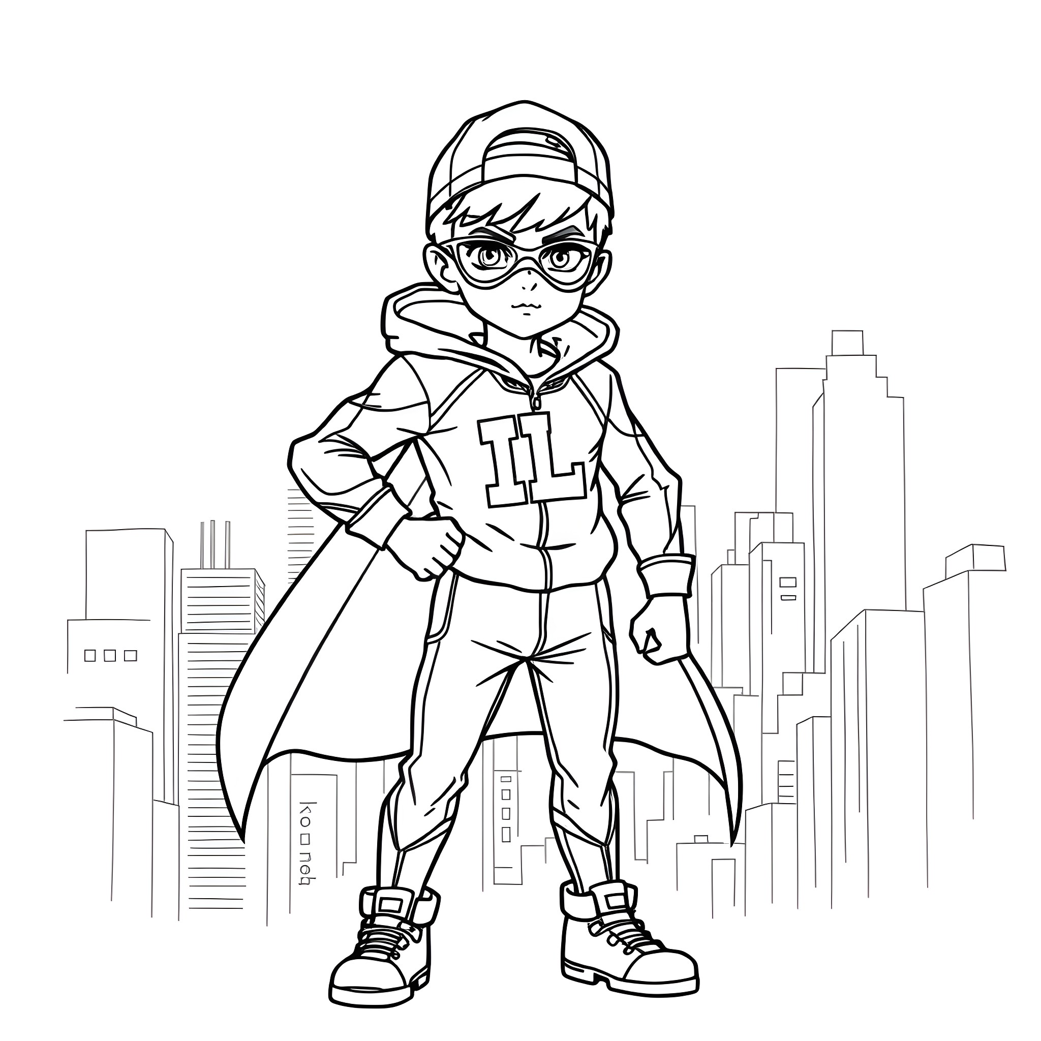 Superhero Boy with Confident Pose in the City Coloring Page (free black-and-white line drawing printable PDF for all, from beginners to advanced learners, including children, teens, adults, and seniors)