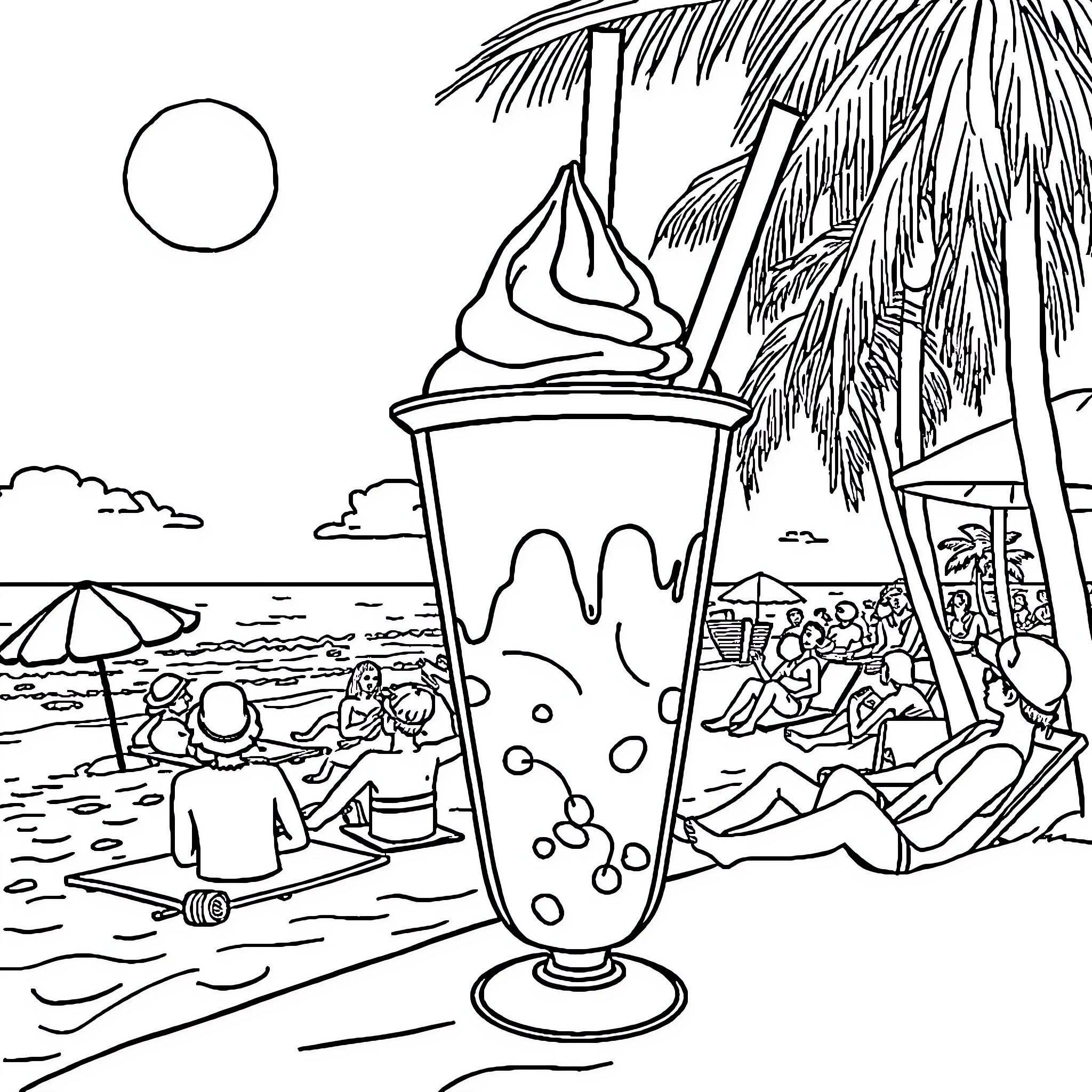 Frozen tropical beach scene with ice cream treat Coloring Page (free black-and-white line drawing printable PDF for all, from beginners to advanced learners, including children, teens, adults, and seniors)