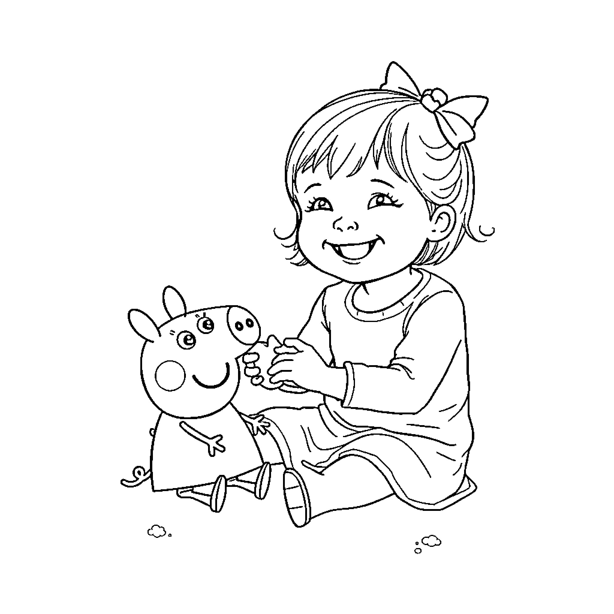 Peppa Pig playing with her toy Coloring Page (free black-and-white line drawing printable PDF for all, from beginners to advanced learners, including children, teens, adults, and seniors)