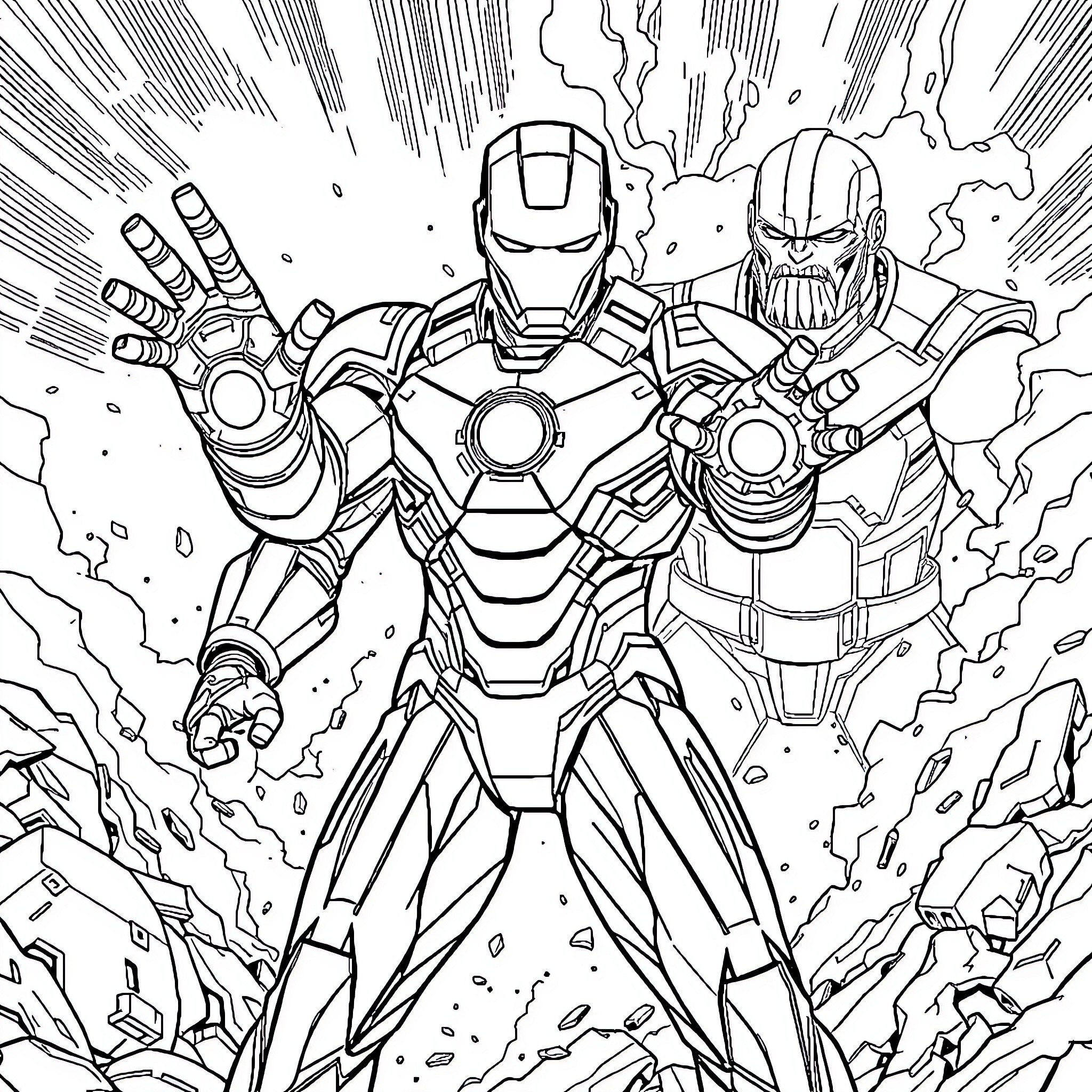Iron Man Battles Thanos in Explosive Showdown Coloring Page (free black-and-white line drawing printable PDF for all, from beginners to advanced learners, including children, teens, adults, and seniors)