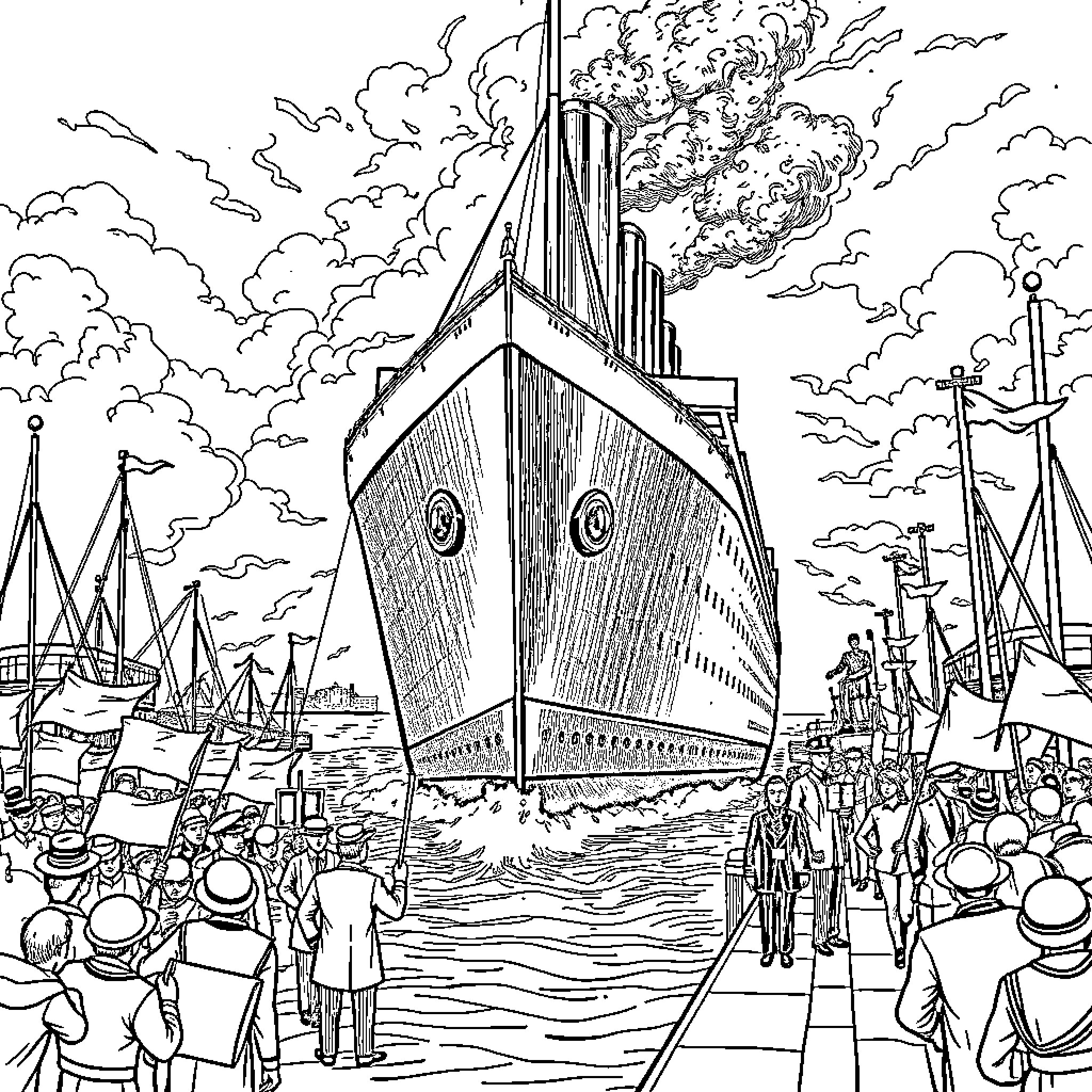 Titanic ship launch with crowd and smoke Coloring Page (free black-and-white line drawing printable PDF for all, from beginners to advanced learners, including children, teens, adults, and seniors)