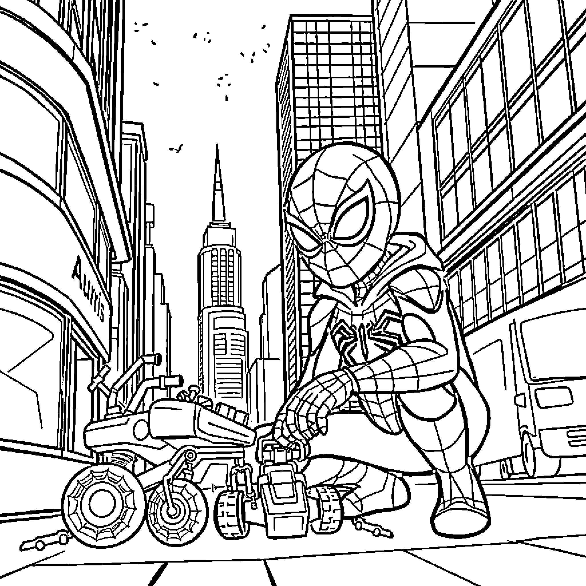 Spiderman battles robot in the city Coloring Page (free black-and-white line drawing printable PDF for all, from beginners to advanced learners, including children, teens, adults, and seniors)