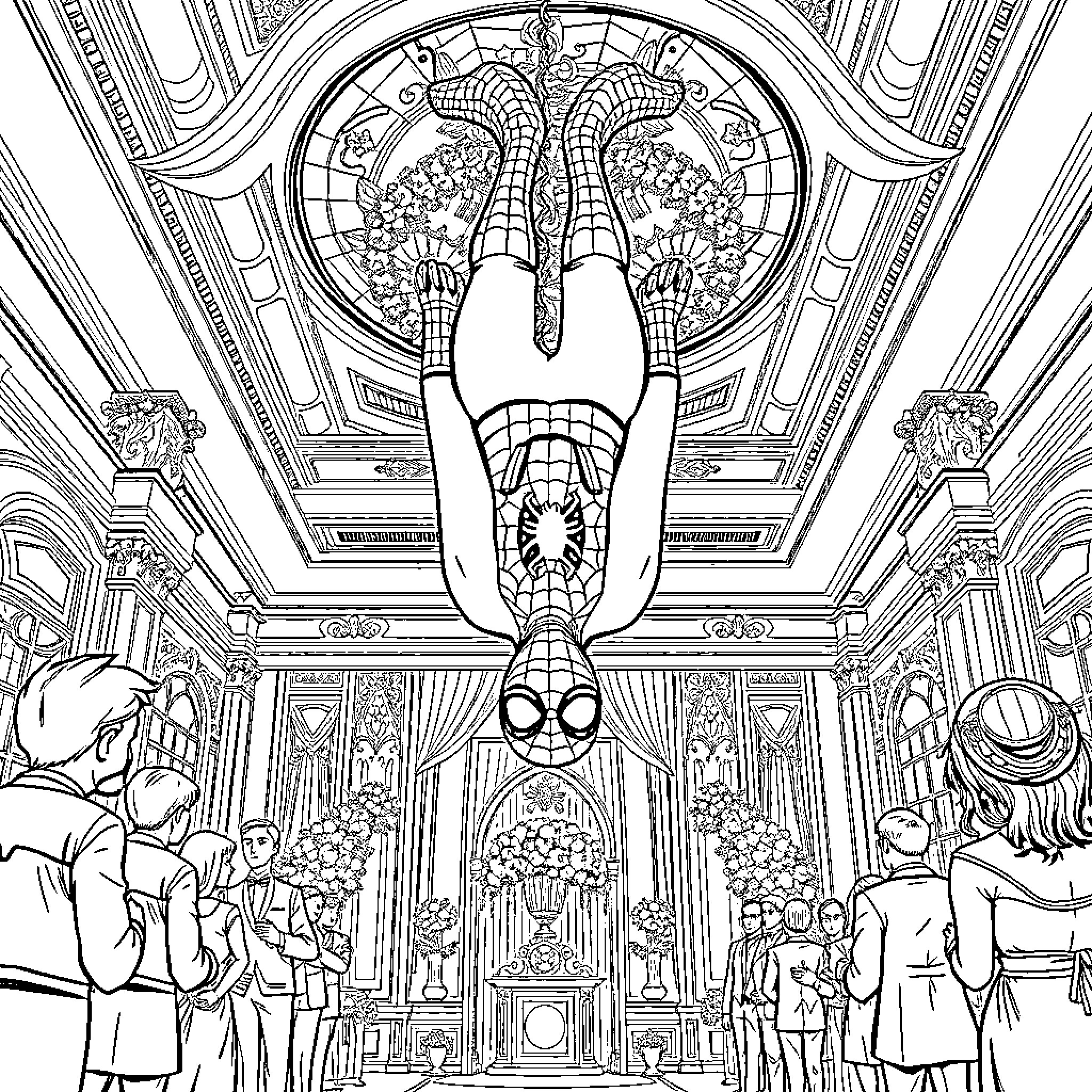 Spiderman swinging through a grand, ornate interior Coloring Page (free black-and-white line drawing printable PDF for all, from beginners to advanced learners, including children, teens, adults, and seniors)