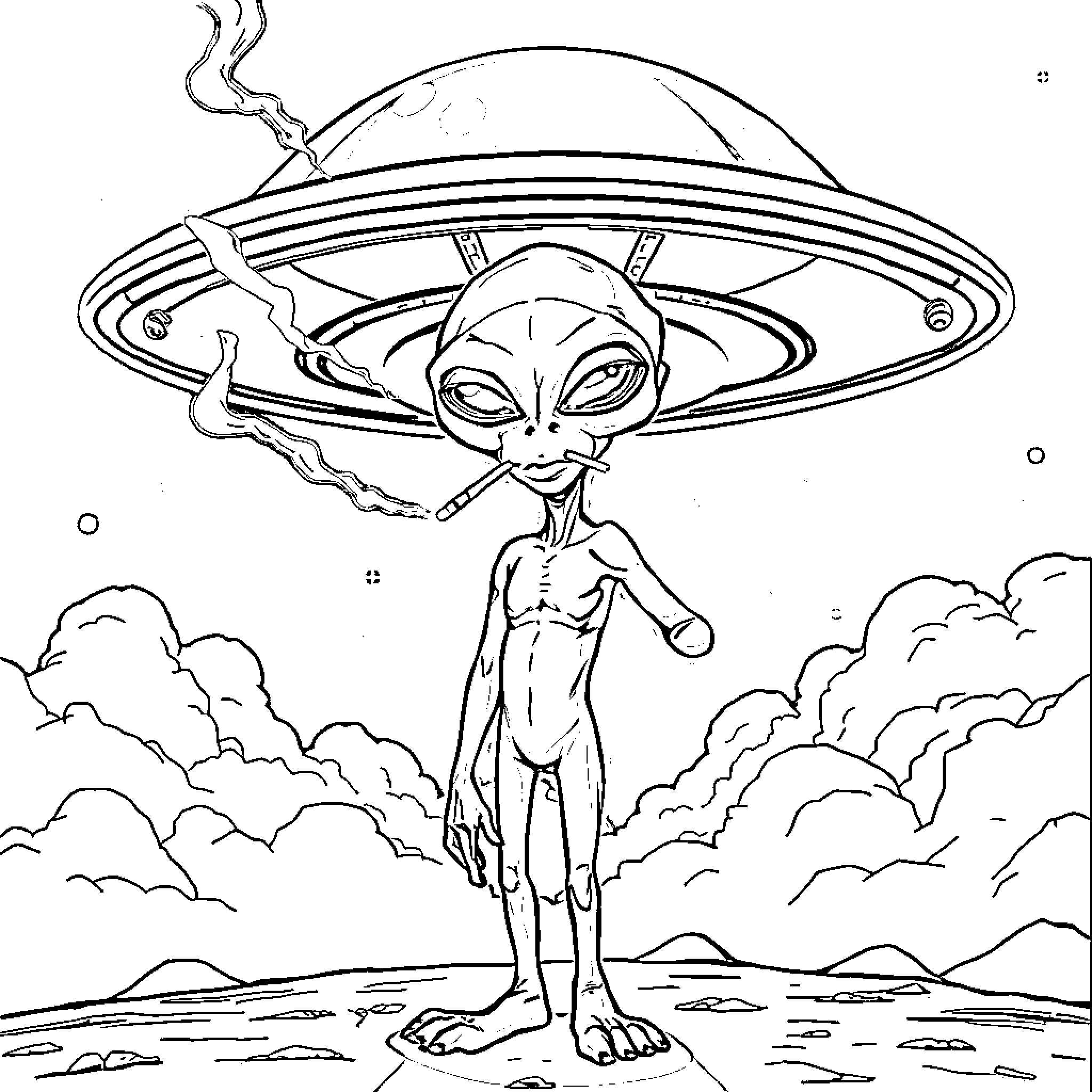 Extraterrestrial alien examining unusual spacecraft Coloring Page (free black-and-white line drawing printable PDF for all, from beginners to advanced learners, including children, teens, adults, and seniors)