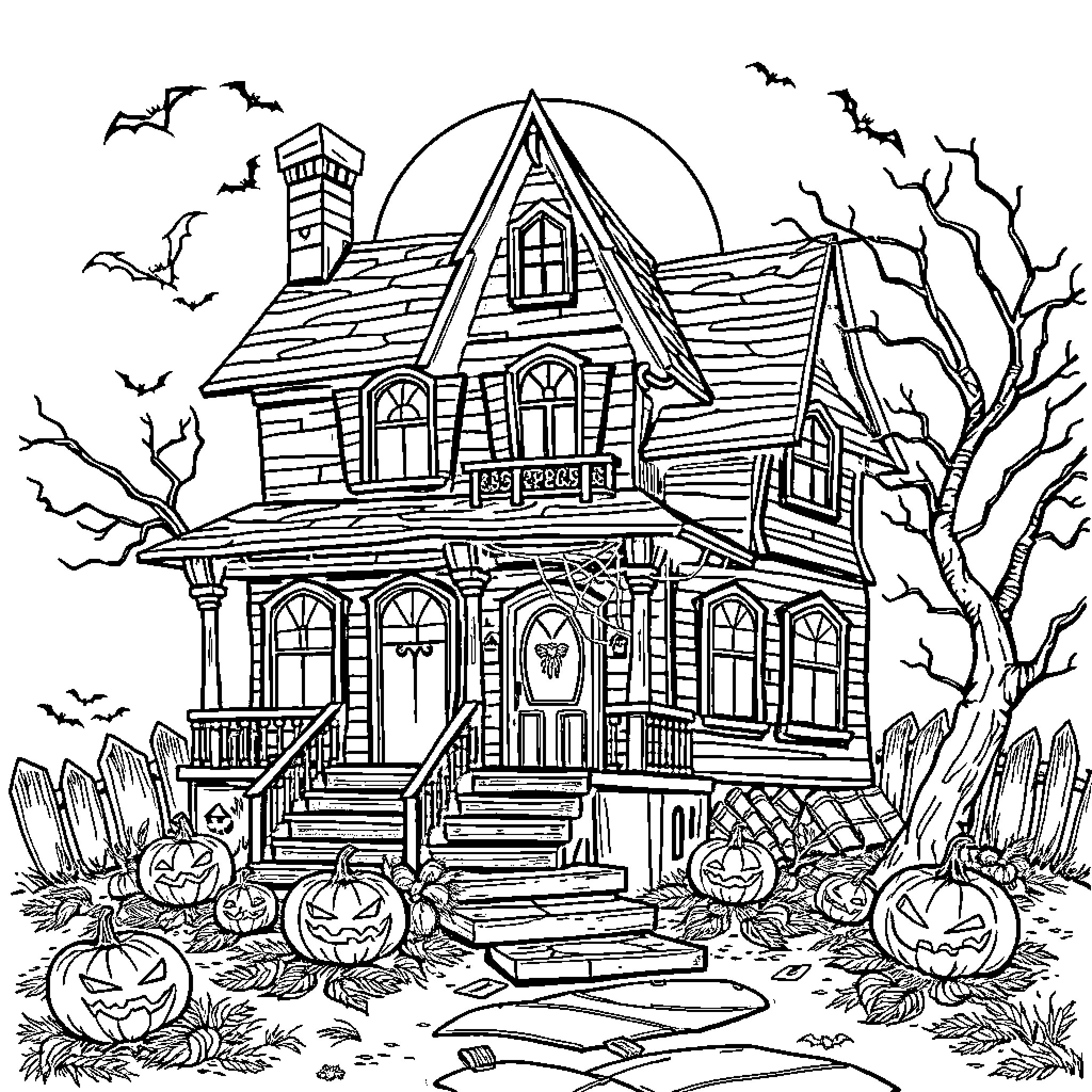 House with eerie Halloween decorations Coloring Page (free black-and-white line drawing printable PDF for all, from beginners to advanced learners, including children, teens, adults, and seniors)