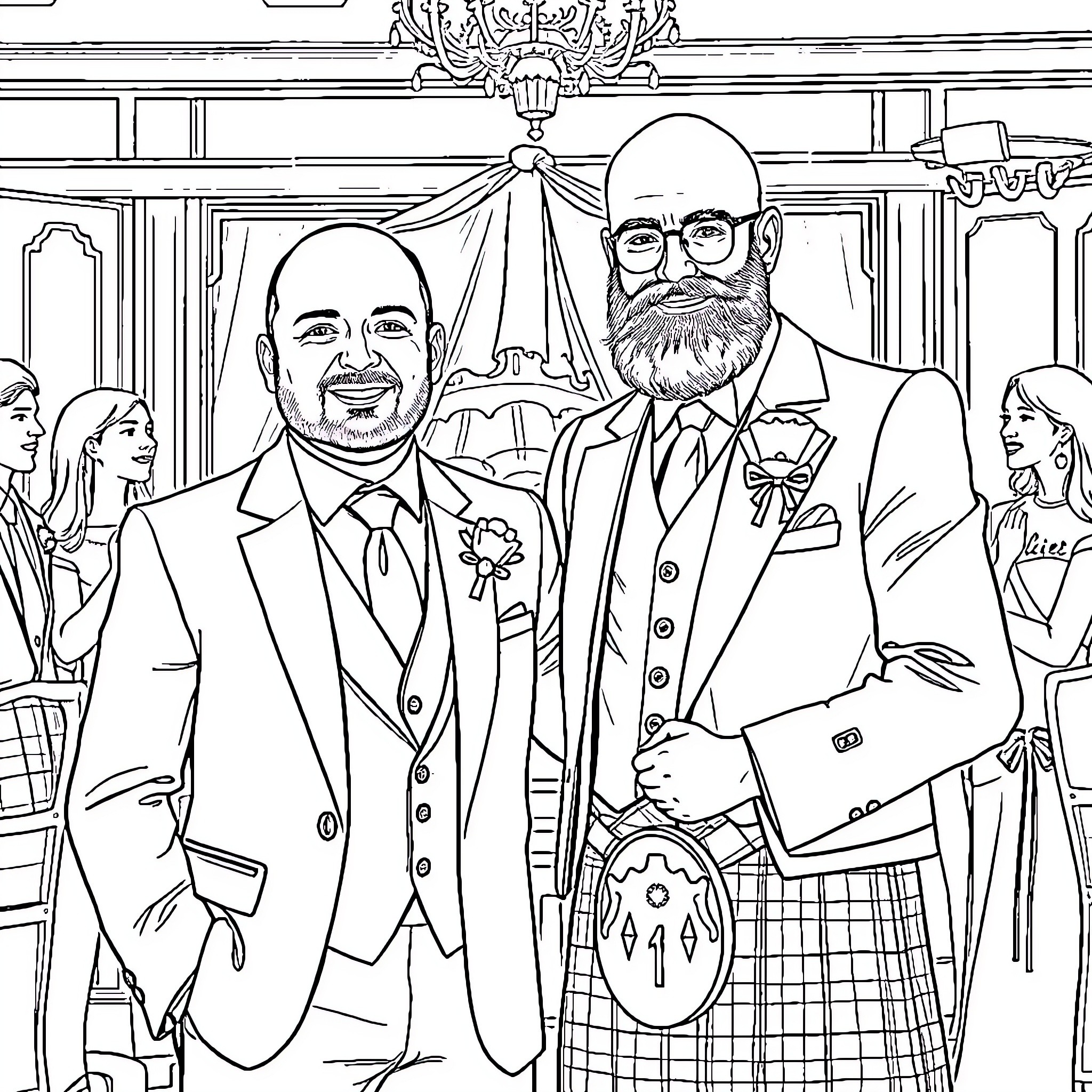 Brother's Formal Gathering with Family Coloring Page (free black-and-white line drawing printable PDF for all, from beginners to advanced learners, including children, teens, adults, and seniors)