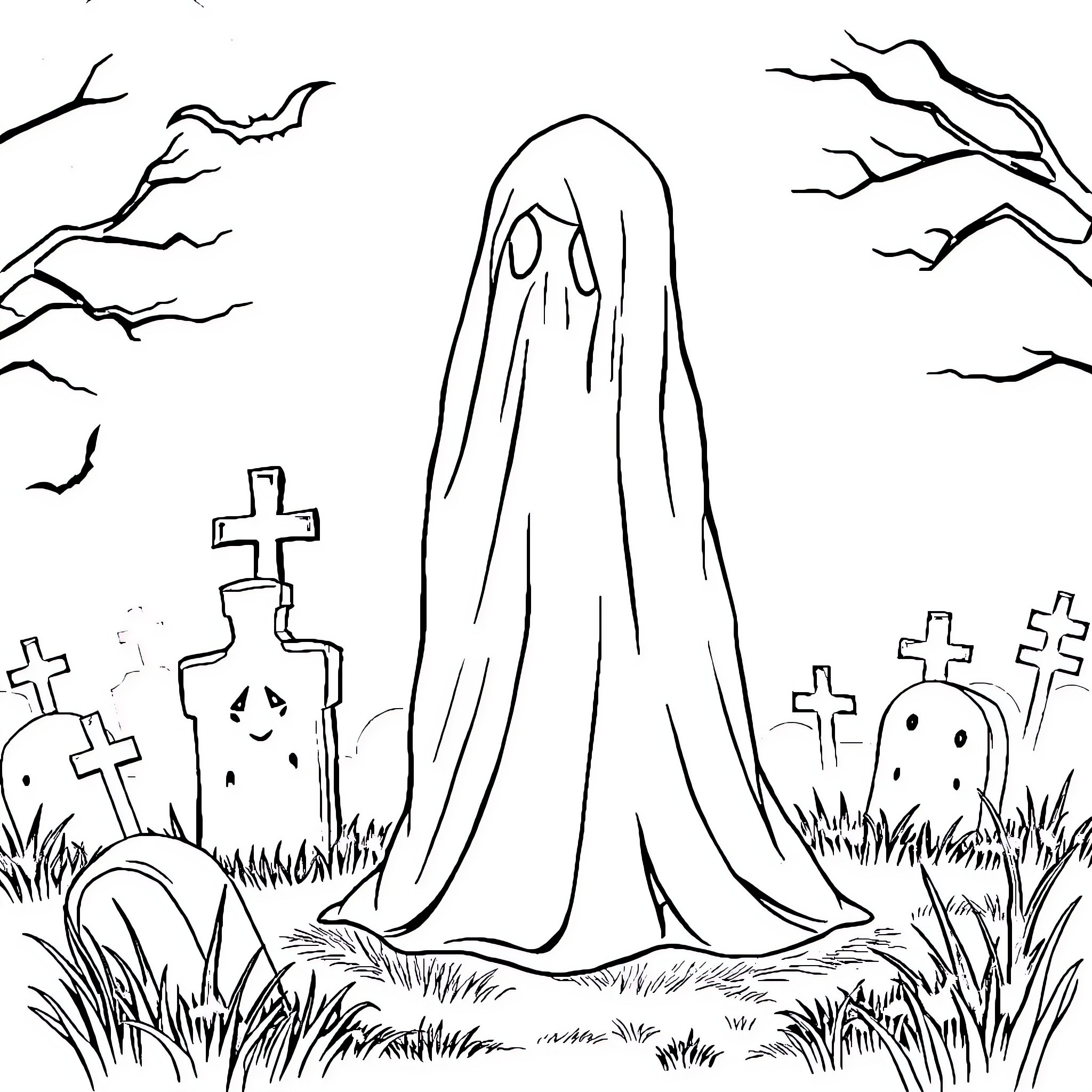 Pocong haunting the graveyard at night Coloring Page (free black-and-white line drawing printable PDF for all, from beginners to advanced learners, including children, teens, adults, and seniors)