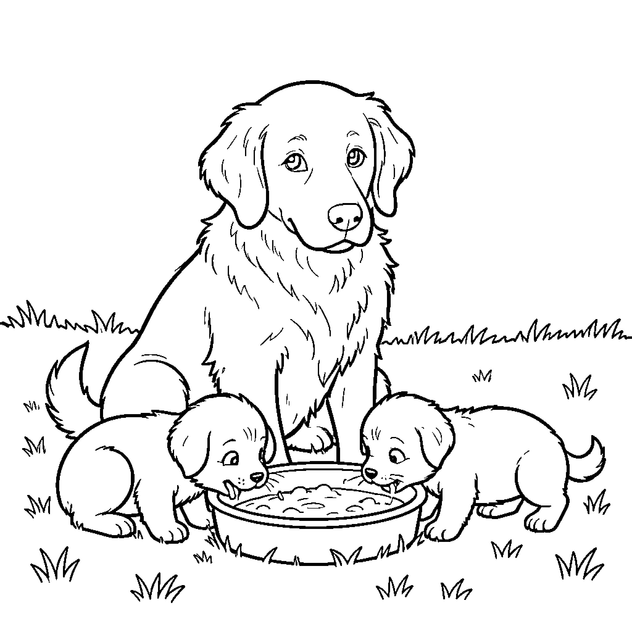 Dog watching two puppies eating from a bowl Coloring Page (free black-and-white line drawing printable PDF for all, from beginners to advanced learners, including children, teens, adults, and seniors)