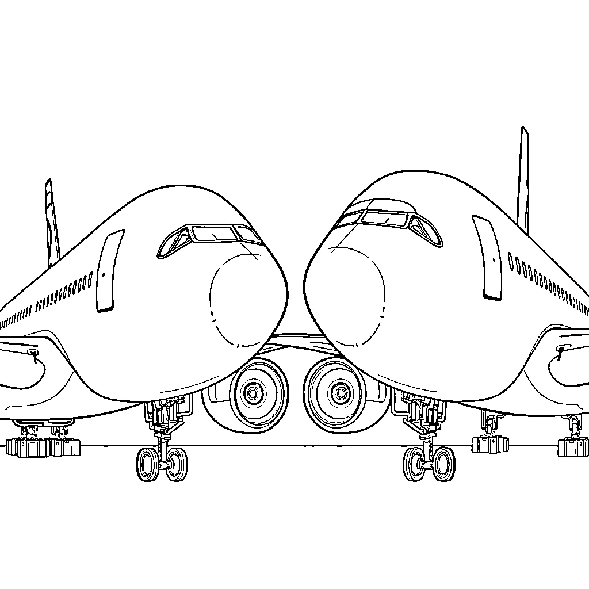 Airplane Silhouettes Converging on Runway Coloring Page (free black-and-white line drawing printable PDF for all, from beginners to advanced learners, including children, teens, adults, and seniors)