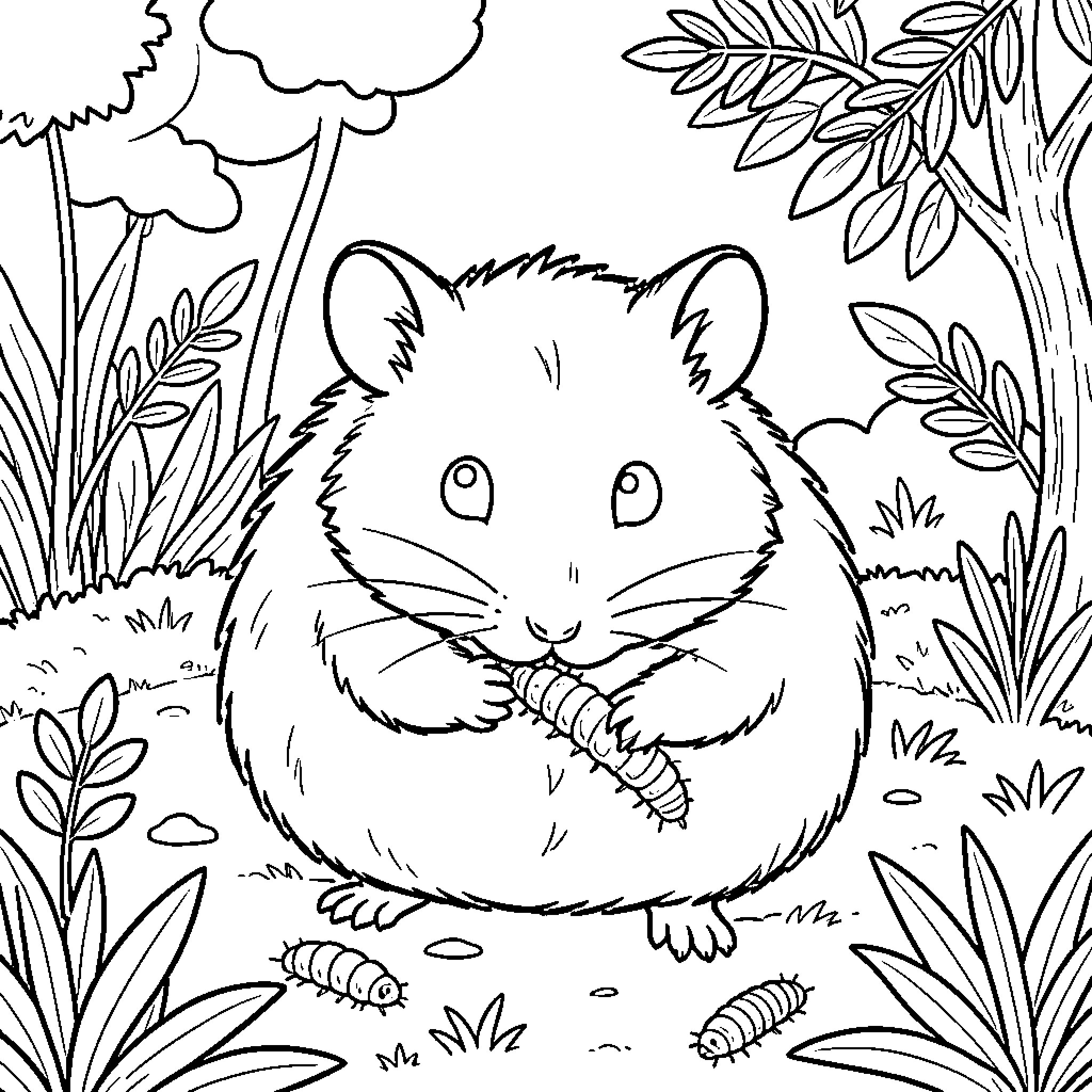 Hamster eating a small caterpillar in the garden Coloring Page (free black-and-white line drawing printable PDF for all, from beginners to advanced learners, including children, teens, adults, and seniors)
