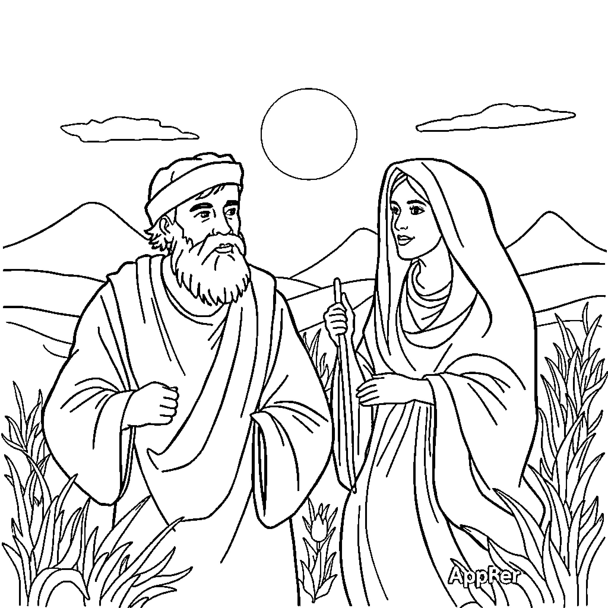 Abraham and his wife in the desert landscape Coloring Page (free black-and-white line drawing printable PDF for all, from beginners to advanced learners, including children, teens, adults, and seniors)